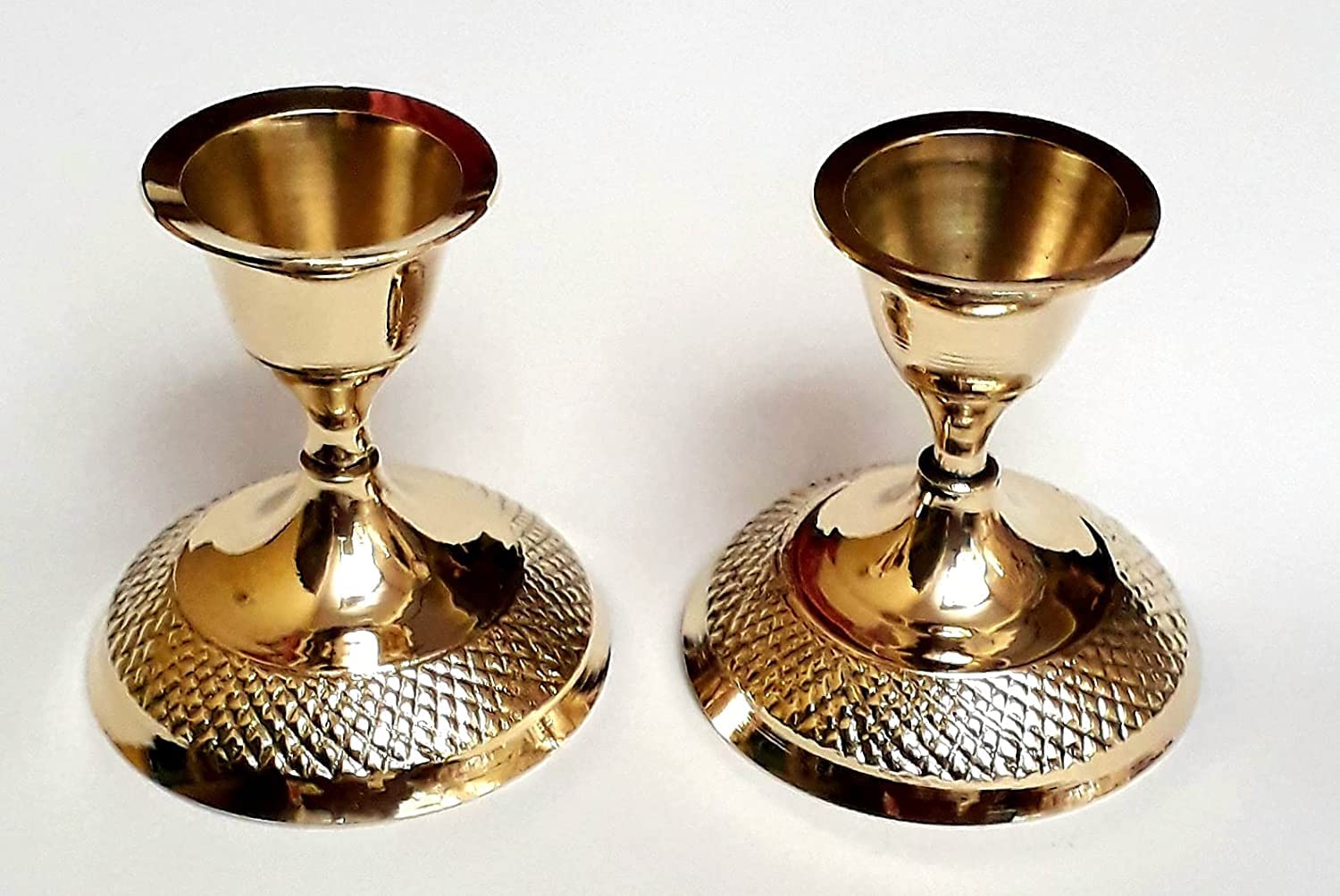 R.K EXPORTS Yellow Brass Candle Stand Candle Holder with Embossed Design on Base Home Decoration and Birth Day Party/Home Decorative Item no.1 Set of 2 pcs