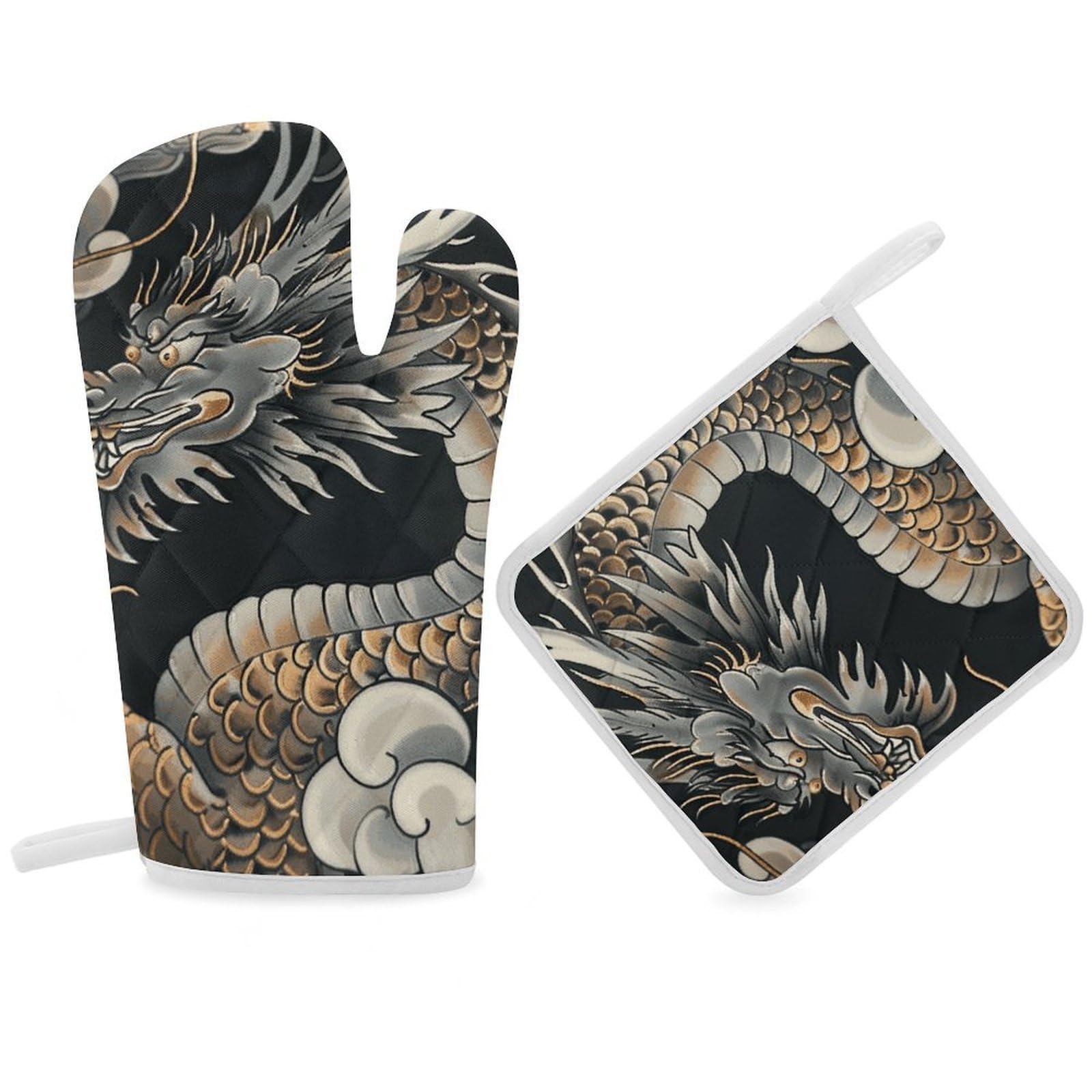 Black Oriental Dragon Oven Mitt Thick Substantial Heat Insulation Gloves Soft Skin-Friendly Temperature Resistant Oven Mitts for Cooking Lover Cooks