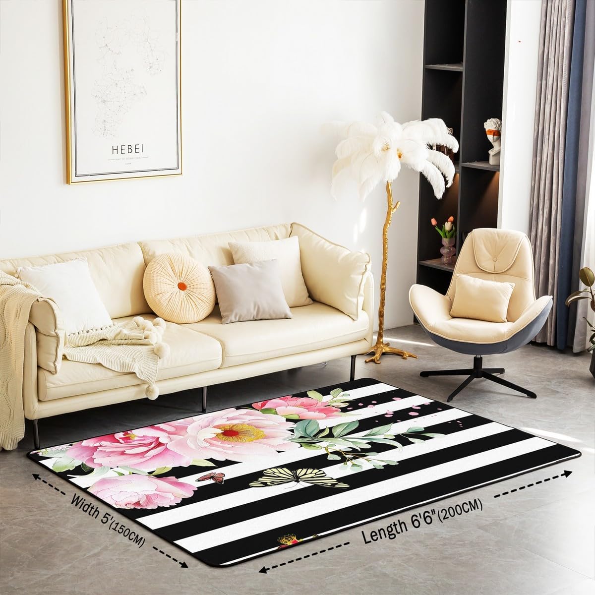 Pink Floral Rug, Black and White Stripes Area Rug 5x7, Teens Girls Pink and Black Carpet for Bedside, Rose with Butterfly and Leaves Stylish Fresh Flowers Non Slip Decorative Rug