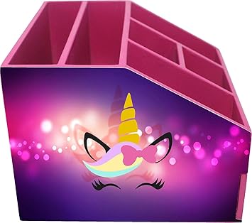 Enigmatic Woodworks Multi Purpose Wooden Desk Organizer with Drawer, Pen Stand, Pencil Stand, Stationery Stand for Office, Kitchen Organizer (Pink Unicron Face)