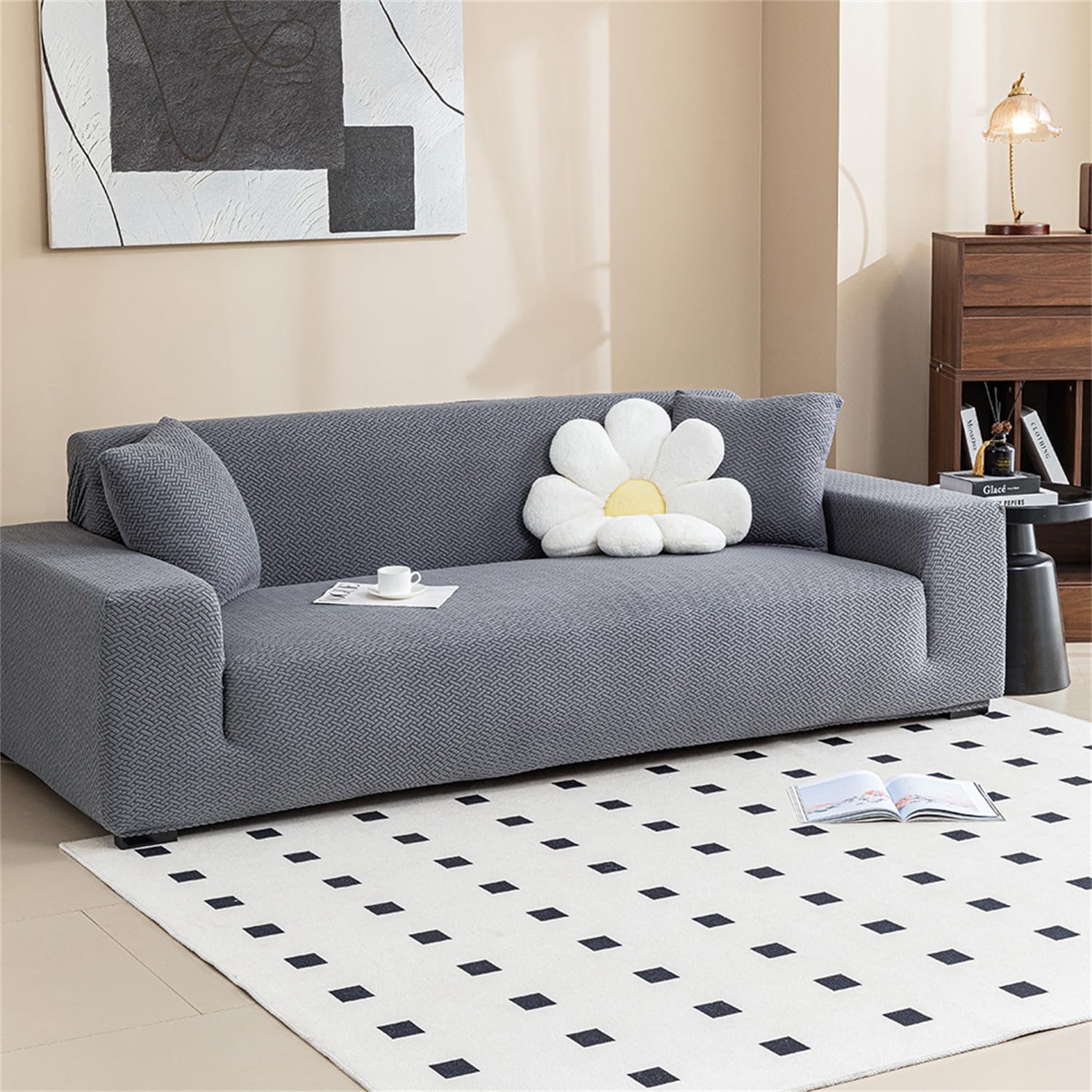 Copridivano 3 Posti Con Braccioli, Copri Divano Elasticizzato Copridivani Antiscivolo Antimacchia Universale | Sofa Cover Jacquard Antigraffio Gatto e Cani, Grigio Scuro