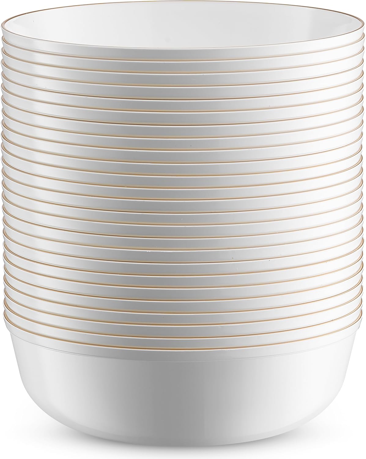 BloominGoods Disposable Plastic Soup Bowls, 50-Pack 14 Oz. Heavyweight White With Gold Rim Bowls For Party, Wedding Or Event