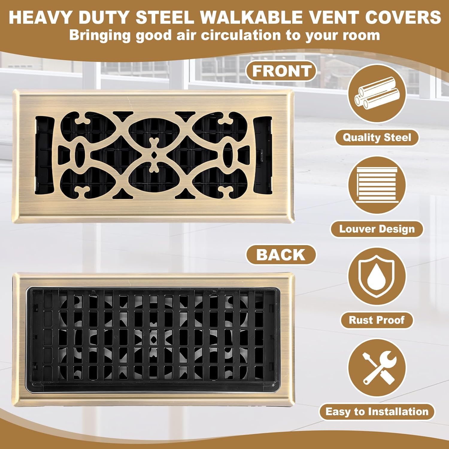 Tuanse 10 Pack 4 × 10 Inch Bronze Floor Vent Covers Heavy Duty Walkable Steel Floor Registers Easy Adjust Air Flow Direction Grilles Decorative Registers Covers Decoration for Home Air Vents
