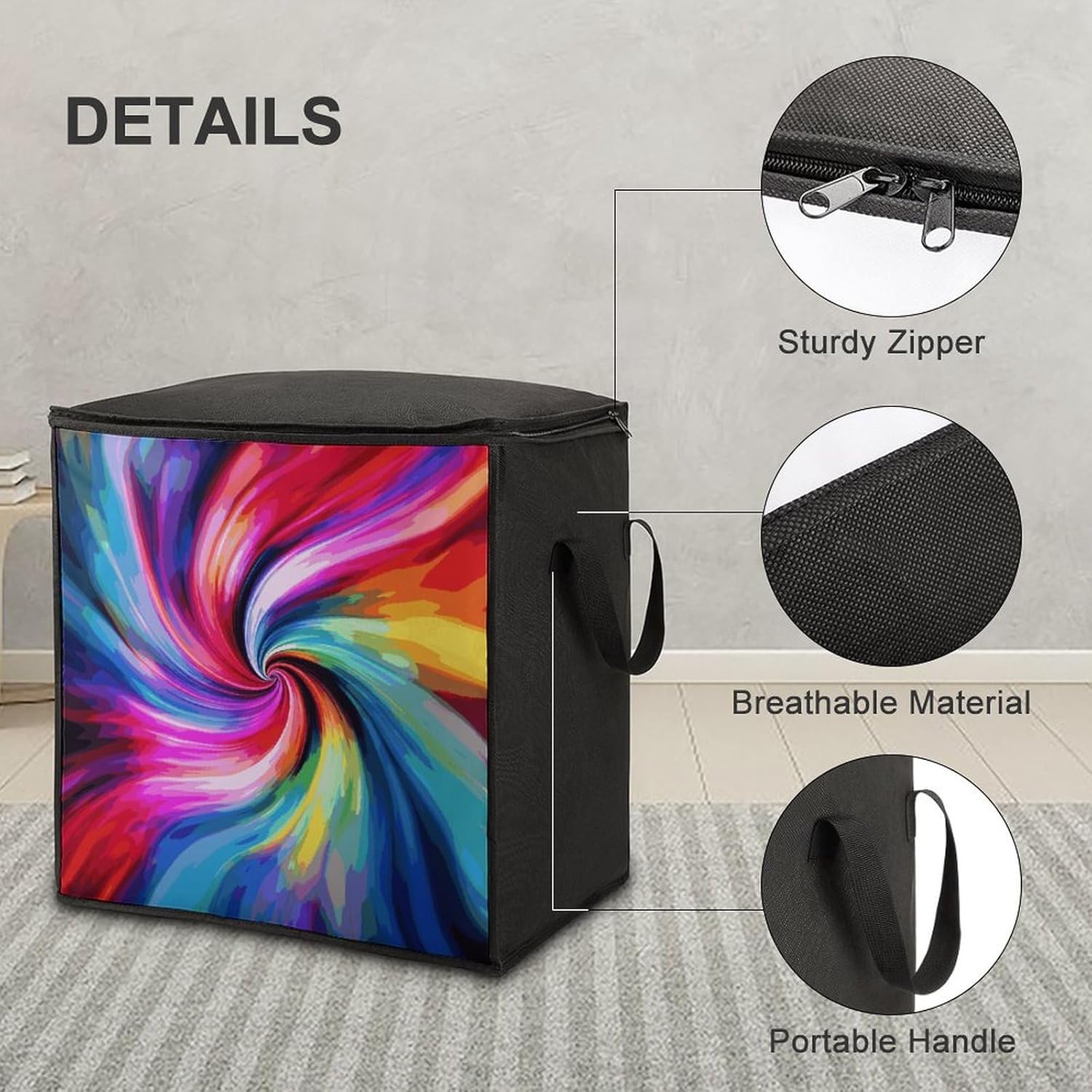 Portable Quilt Storage Bag,Colorful Tie Dye Printed Foldable Wardrobe Storage Box Foldable Storage Bag with Lids And Handle Large Clothing Storage Bag for Comforters Clothes Blankets Pillows