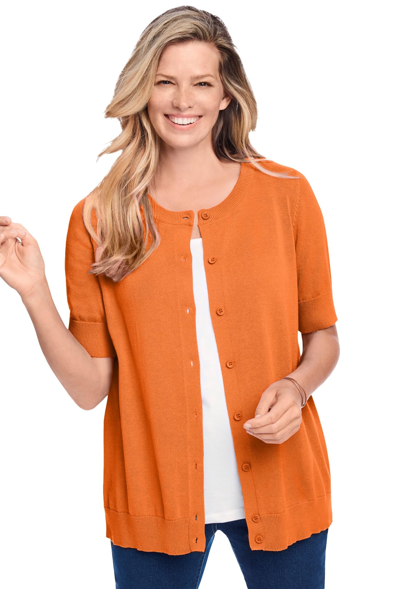 Woman Within Plus Size Perfect Elbow-Length Sleeve Cardigan