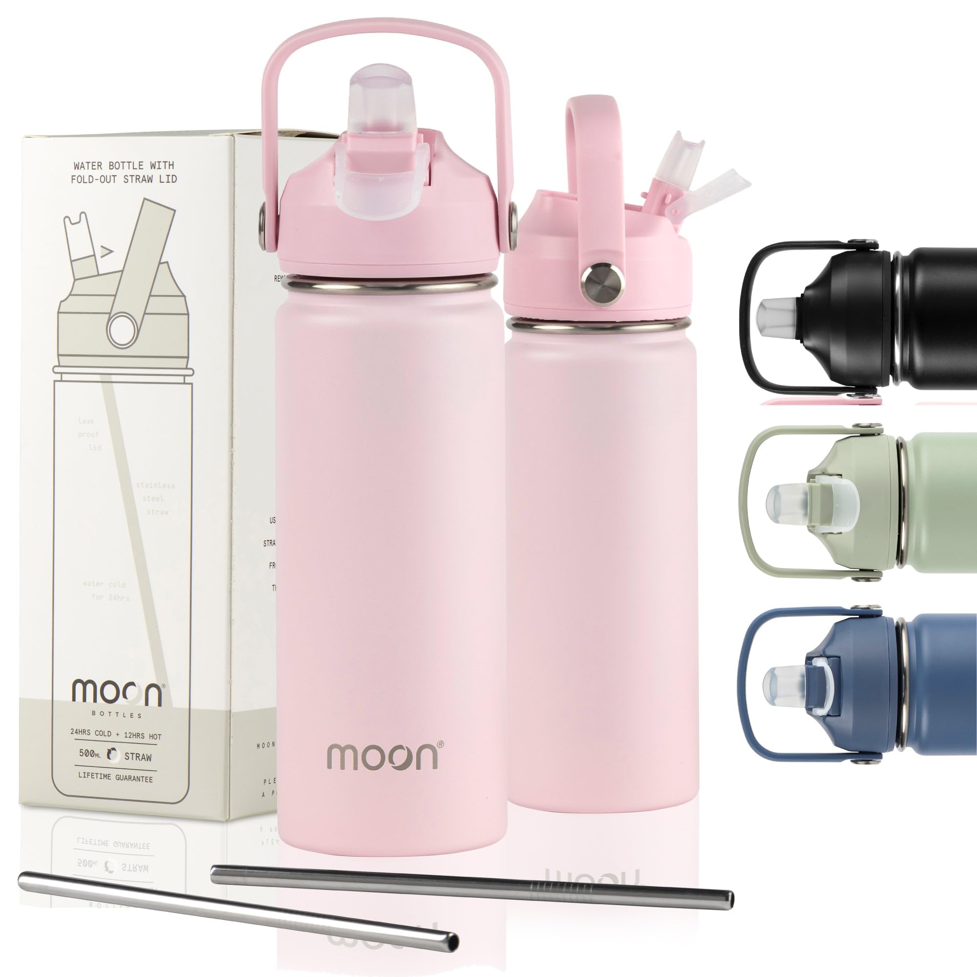 Moon Bottles Blush Pink - Insulated Water Bottle With Straw - Stainless Steel Sports Drink Bottle, Thermal Flask, 24Hr Cold, 12Hr Hot, Double Walled, Metal Straw, Silicon Spout, Uk Company (500Ml, Pink)