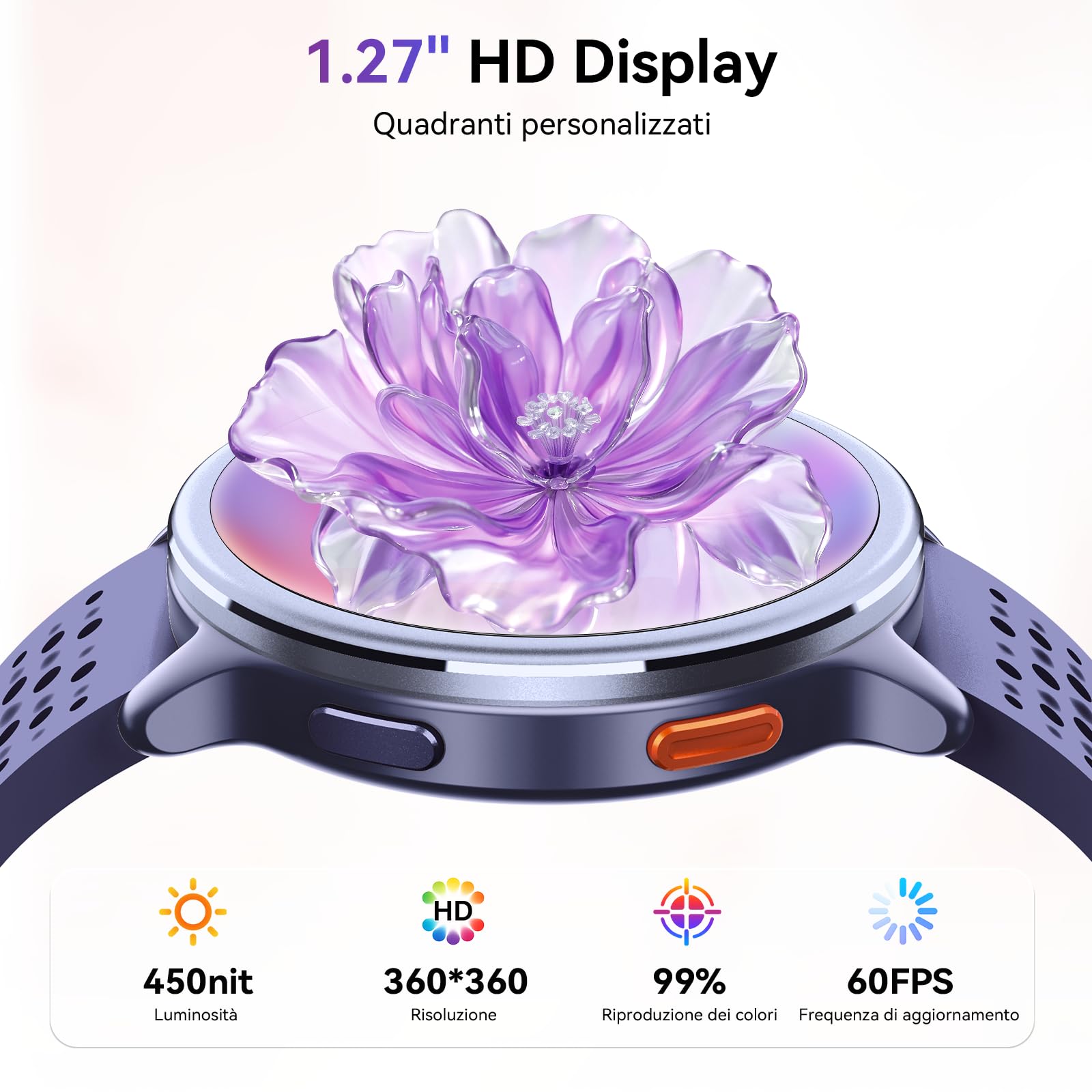 Smartwatch Donna 1.27'' Orologio Uomo Rotondo con 2 Cinturini,120+ Modalità Sportive, Corsi di Ginnastica 3ATM Monitoraggio Salute e Sonno Contapassi Fitness Watch per Samsung/Android/iPhone Viola