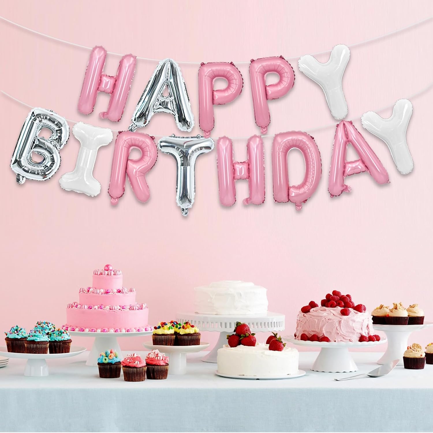  Pink Silver White Happy Birthday Balloons Banner Decor for Girls thumbnail