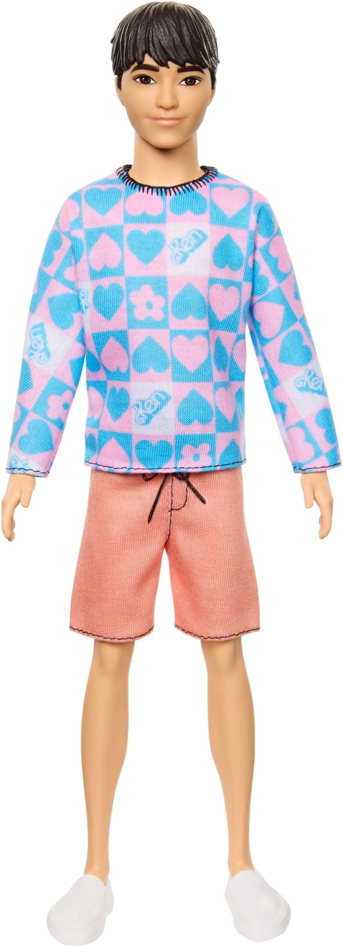 Barbie Fashionistas Ken Doll #219 with Slender Body Wearing a Removable Long-Sleeve Pink & Blue Patterned Shirt & Pink Shorts, HRH24