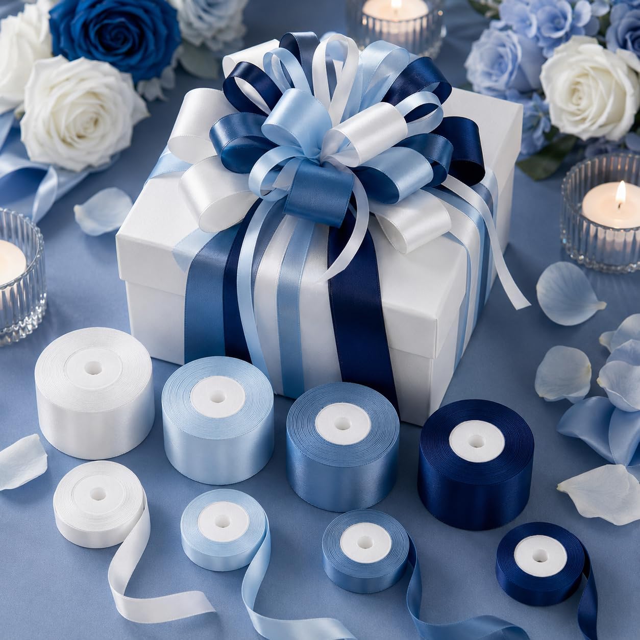 Premium Satin Ribbon Set - 200 Yards Total (8 Rolls x 25 Yds), 3/8" & 1" Widths, French Dusty Blue, Smooth Finish Fabric Ribbon for Gift Wrapping, Floral Bouquets, Wedding Decor & Crafts