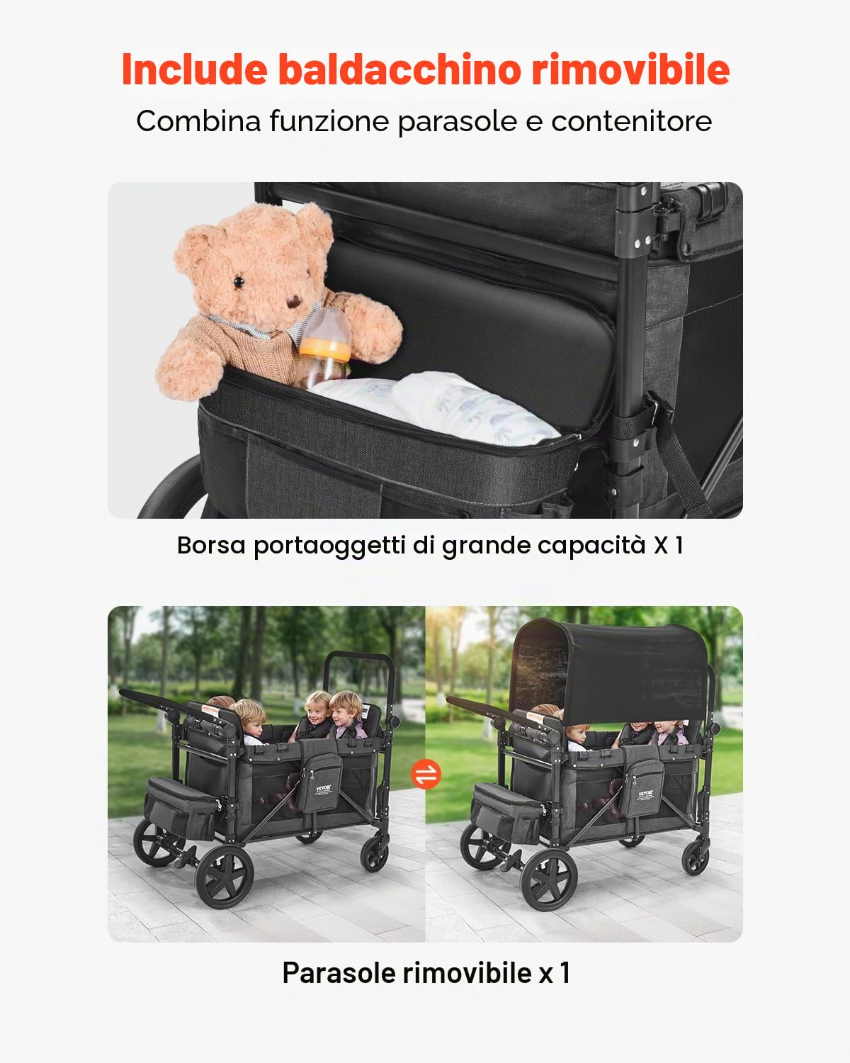 VEVOR Passeggino a Quattro Posti per 4 Bambini, Pieghevole con Maniglia Regolabile, Imbracatura di Sicurezza Tettuccio Rimovibile, Passeggino Comodo, Grigio Scuro e Nero, Carico 150 kg