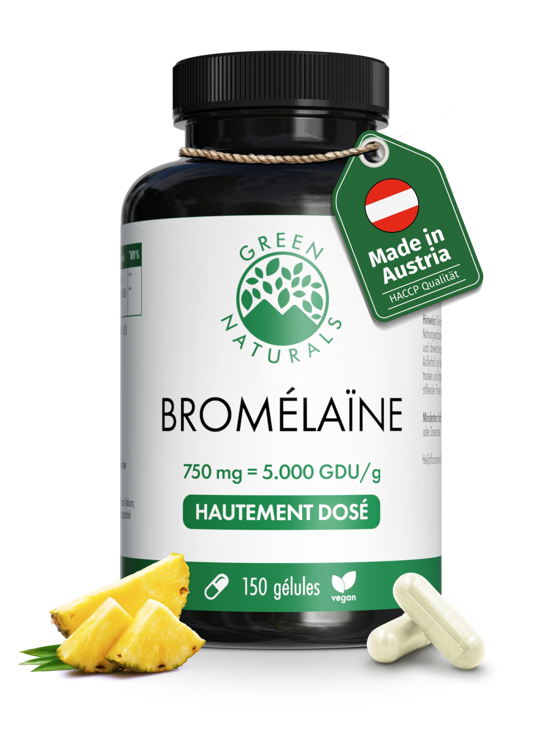 Green Naturals® Bromélaïne – Hautement dosée : 750 mg (5 000 GDU/g) d’extrait naturel d’ananas – Gélules gastro-résistantes (DR Caps) – Vegan & testée en laboratoire – 150 gélules (5 mois)