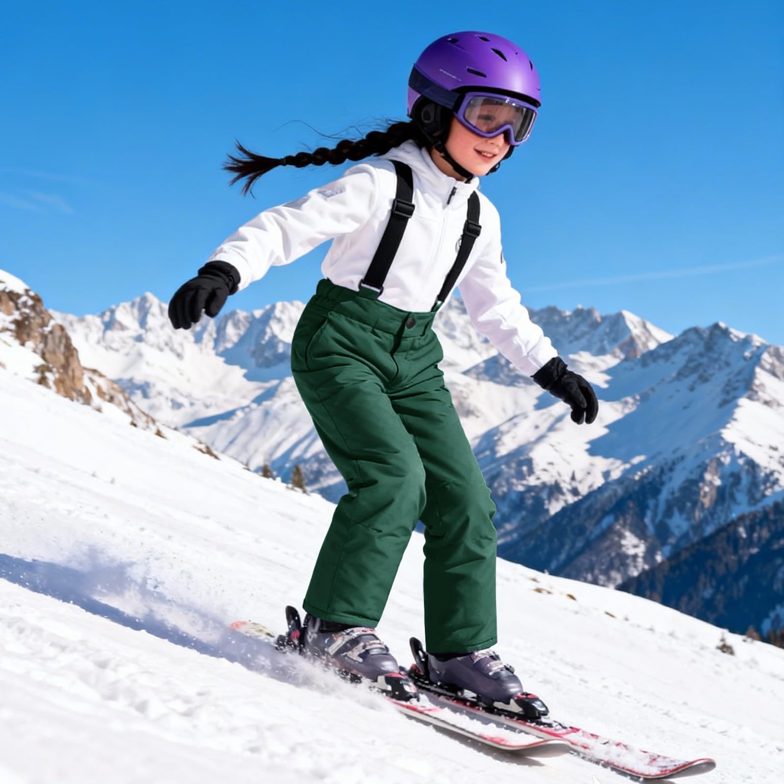 Pantaloni da sci per ragazze e ragazzi, con bretelle regolabili, in softshell, impermeabili, antivento, caldi, da sci, da trekking, per attività all'aria aperta