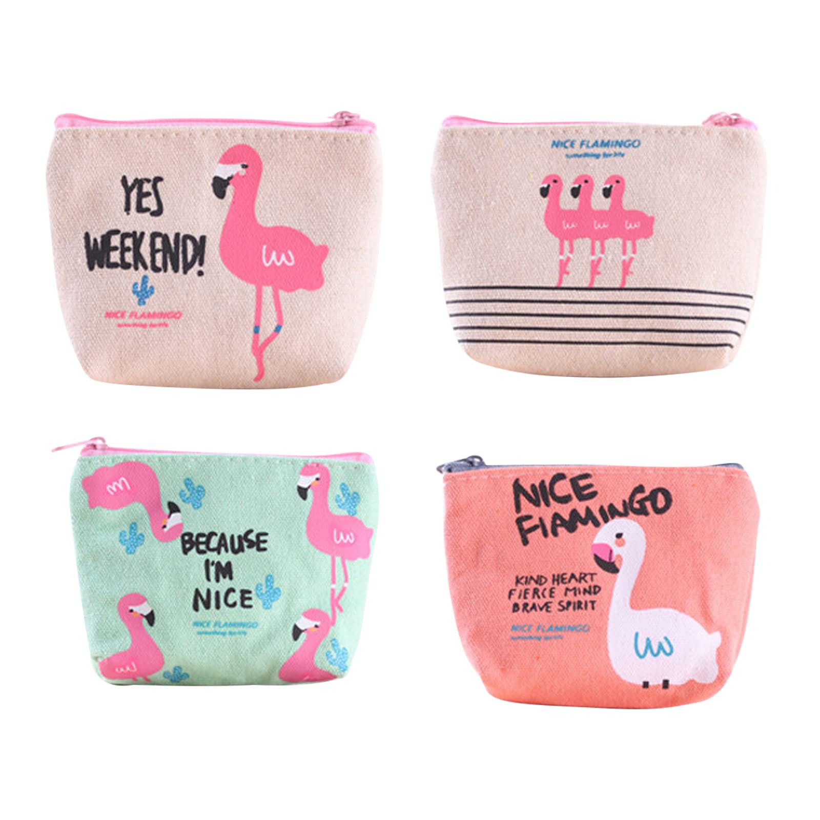 FuninCrea Small Coin Purse for Women, 4 Pack of Flamingo Coin Purse Mini Pouch with Smooth Zipper, Canvas Mini Wallet for Storing Coin, Credit Card, ID Card, Keys, Lipstick (flamingo)