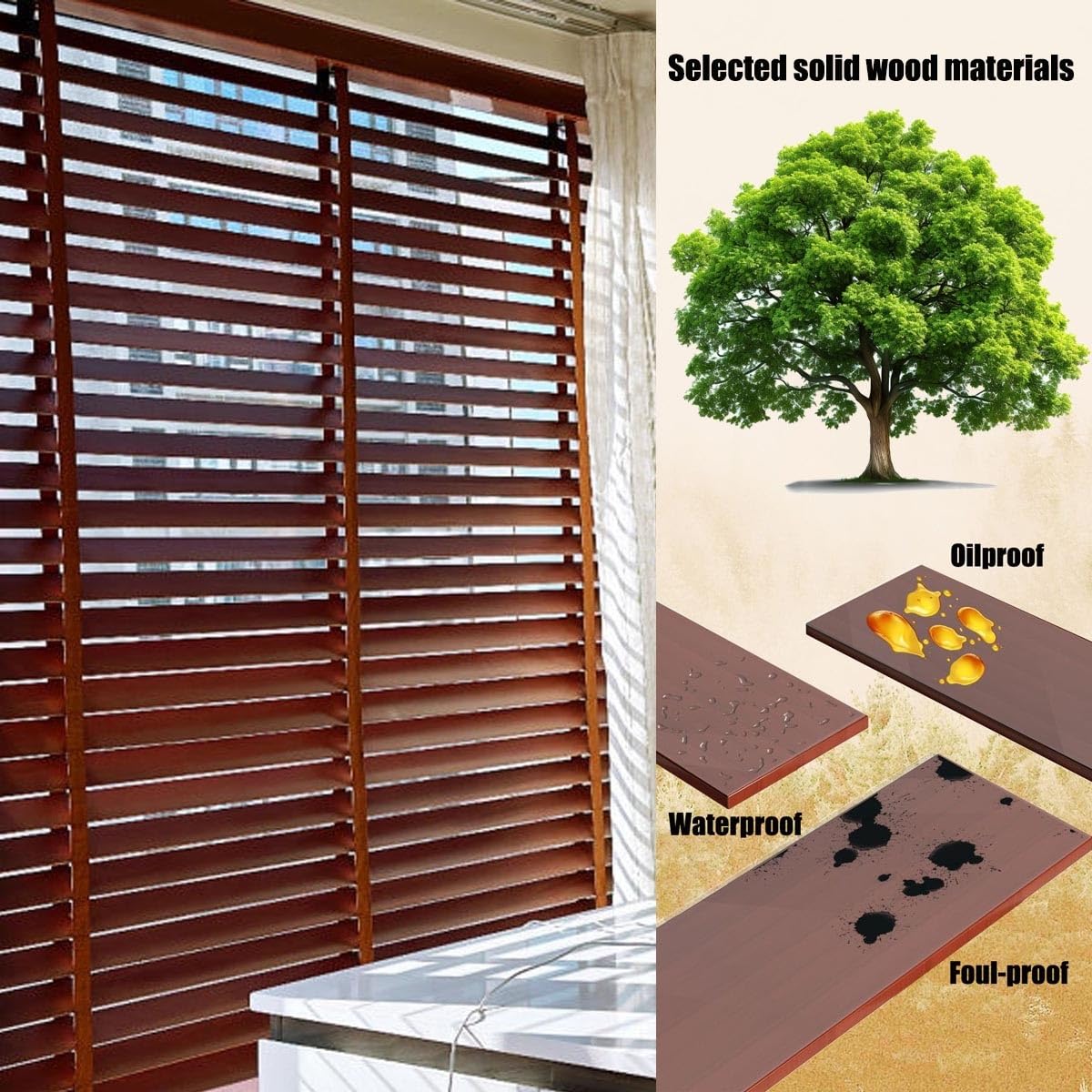 Premium Horizontale Holzjalousien, 50 mm Lamellen, Verdunkelung & Raumverdunkelung, Privatsphäre für Schlafzimmer, Küche, Büro, individuelle Breiten: 45 x 150 cm (75 x 213 cm)