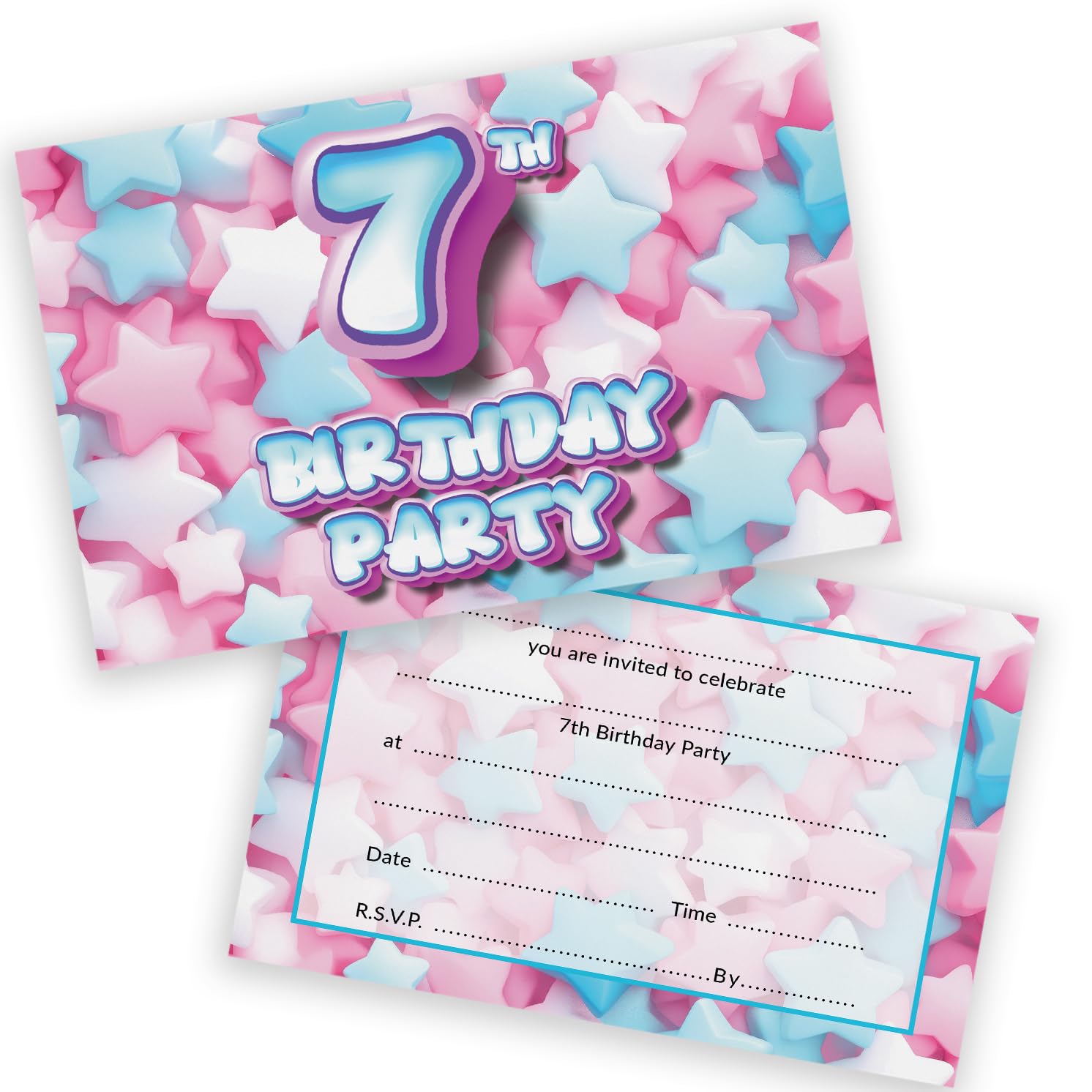 7th Birthday Party Invitations Kids - Sweet Marshmallow 20 Pack - Childrens Birthday Invitations for Boys/Girls A6 Bday Party Invites Invitation Cards with Folding Envelopes