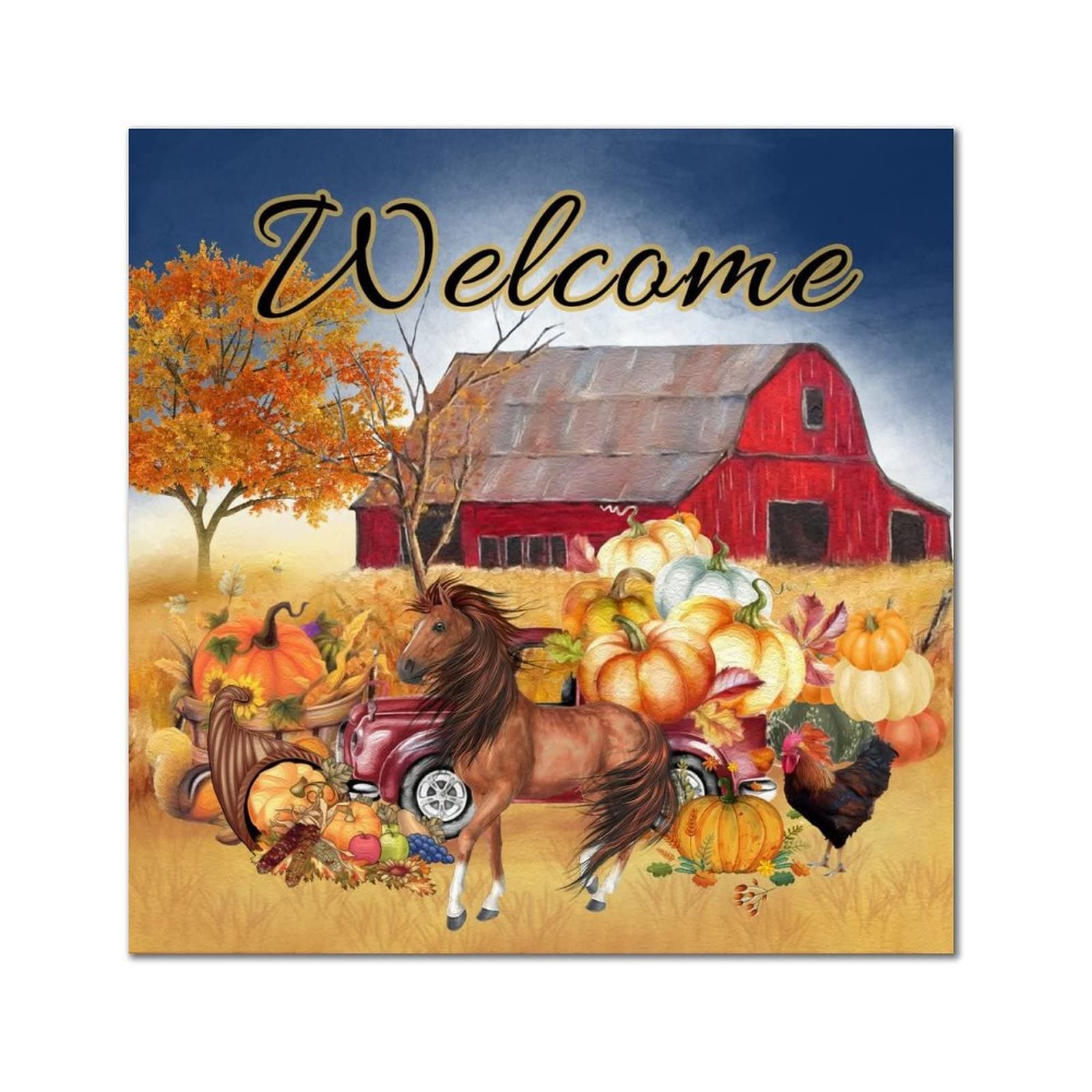 Plaque bois Welcome Farm au design authentique de grange et camion rouge d'automne