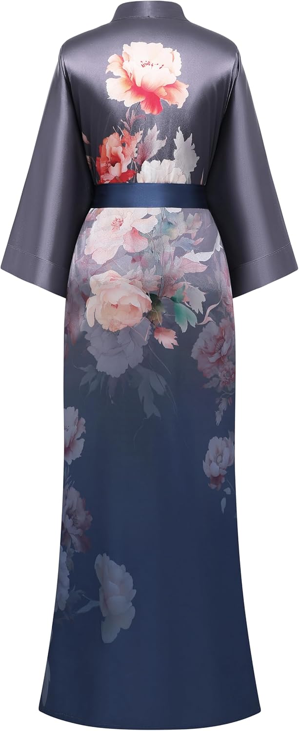 PRODESIGN Kimono Robes for Women - Long Satin Sleepwear Silky Nightgown Bathrobe Gradient Floral Dressing Gown Blouse Robe - Image 2
