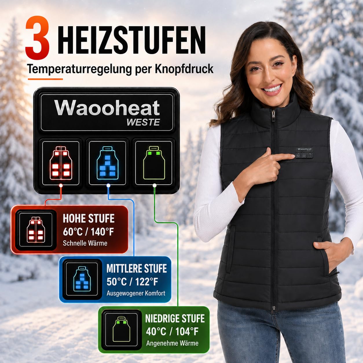 Beheizbare Weste für Damen mit 15 Heizzonen Heizweste für Wandern, Skifahren, Radfahren und Outdoor-Arbeit (Powerbank nicht enthalten)