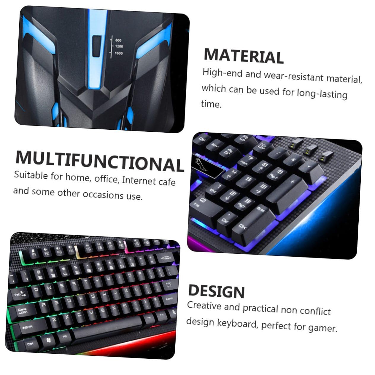 Clavier et Souris Filaires Gamer, 104 Touches et 4 Touches, Noir