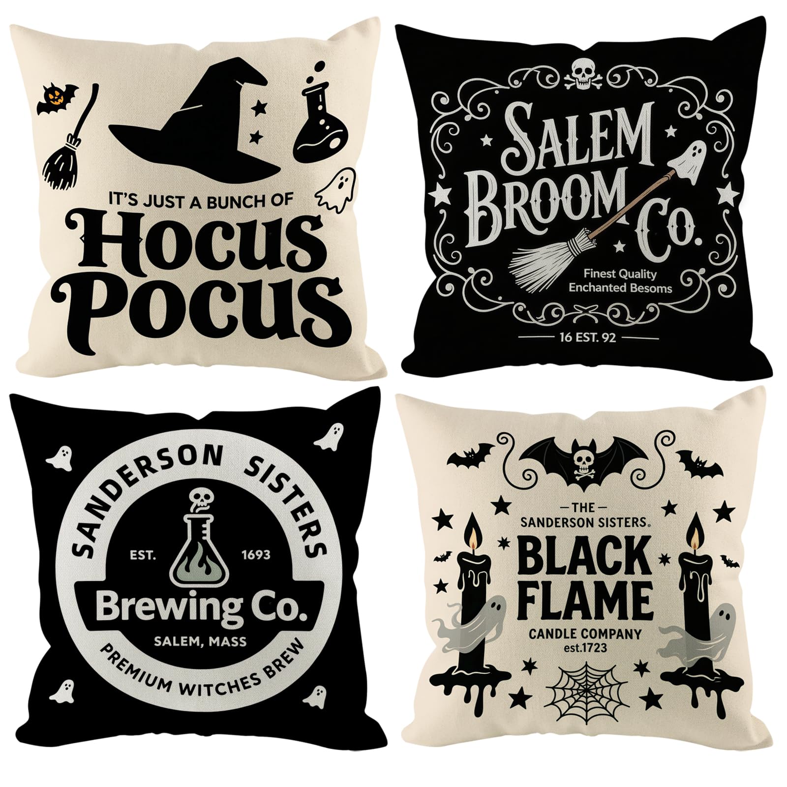HDVUHKI Halloween Pillow Covers 16x16 inch Set of 4, Linen Outdoor Cute Ghost Vintage Hocus Pocus Saying Farmhouse Party Supplies Black and White