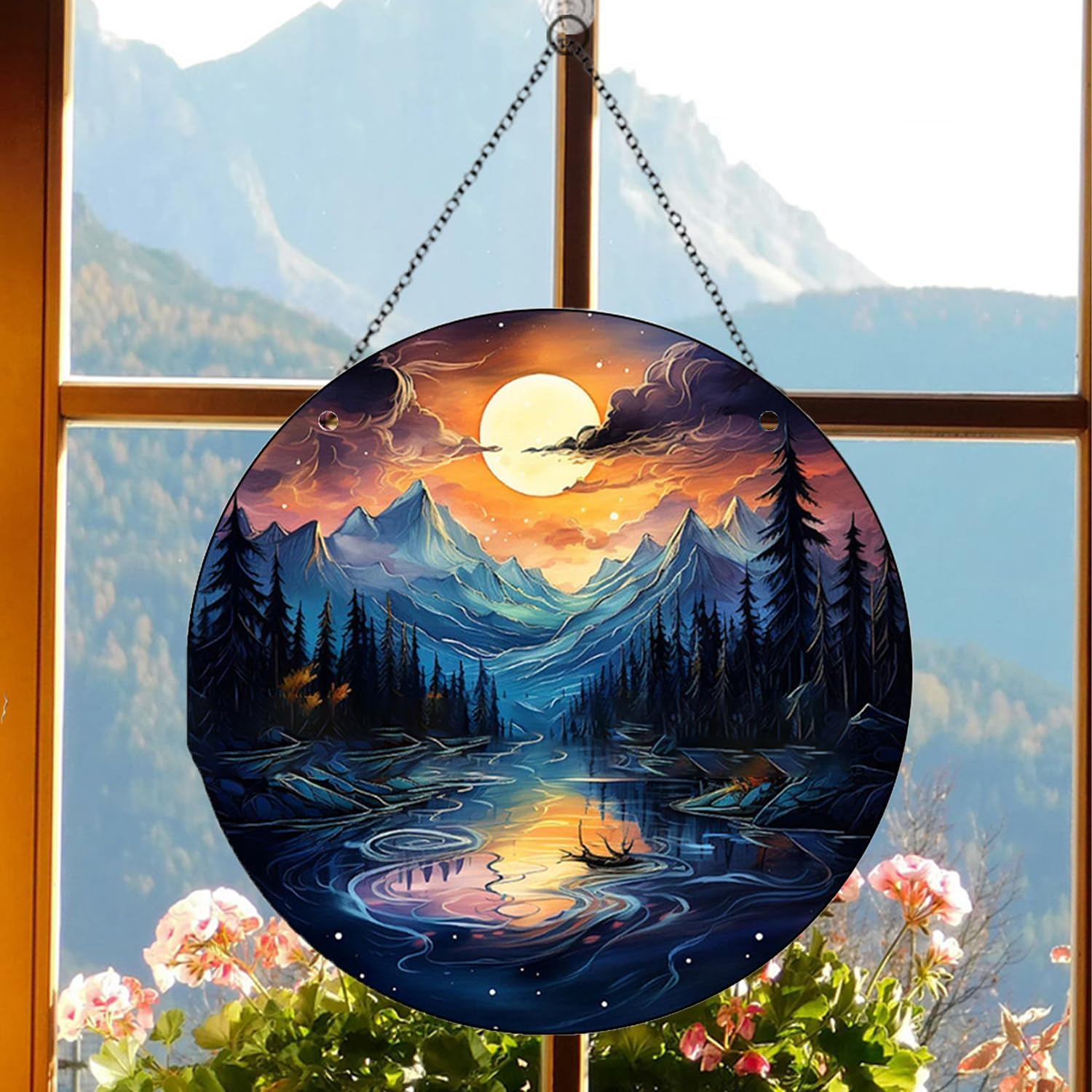 Glass Panel Home Decor Acrylic Panel Wall Art,Colorful Acrylic Window Hanging,Stained Glass Window Hanging Round Shape Stained Glass Decor for Window Home Decor Crafts (C)