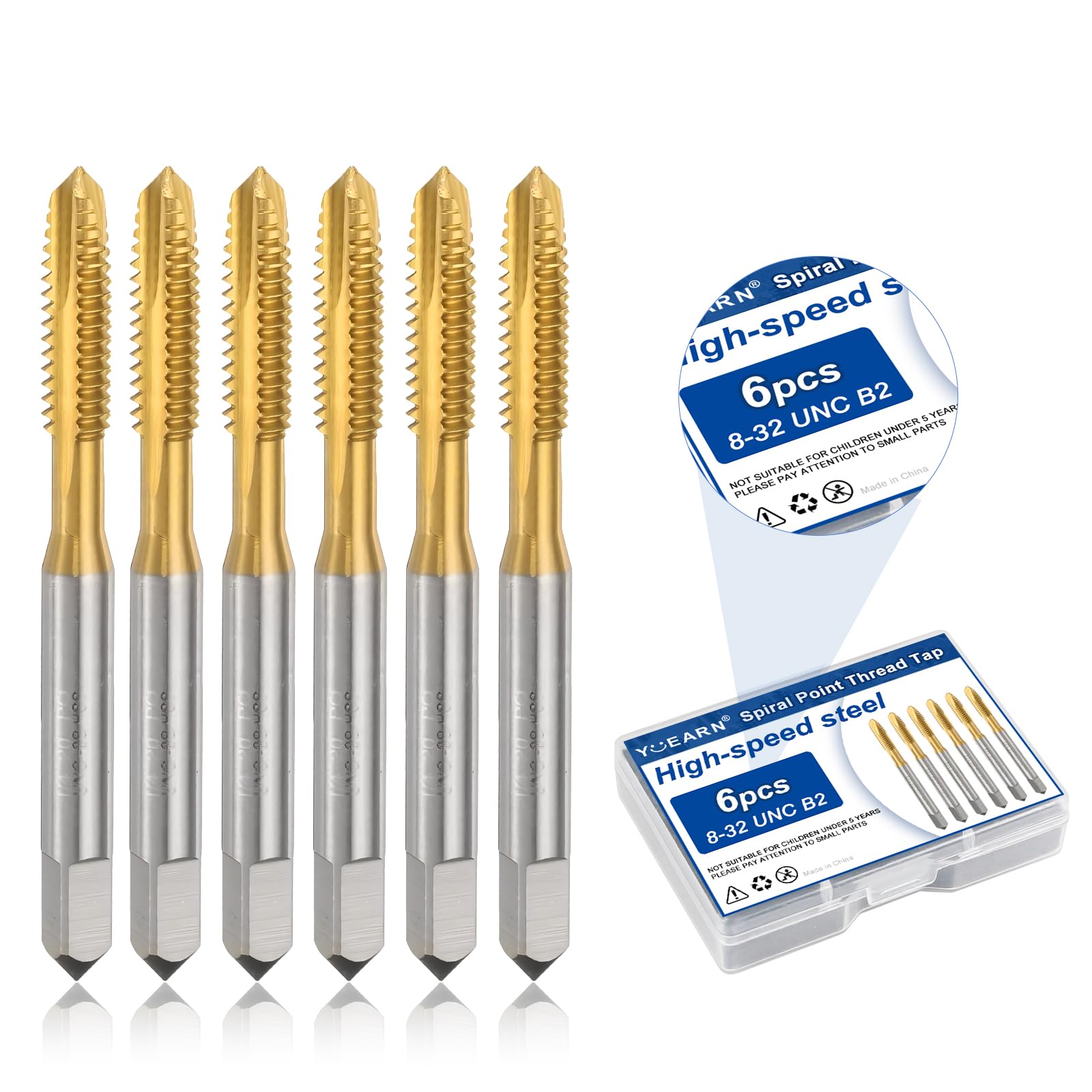 6Pcs 8-32 UNC B2 Spiral Point Thread Tap, Titanium Coated HS -1