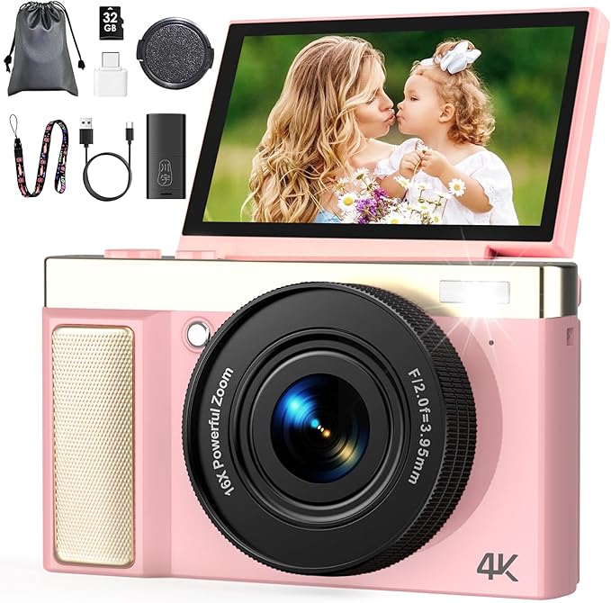 4K 64MP Digital Camera with 32GB TF Card, 3" 180° Flip Screen Autofocus Camera with 16x Zoom and Macro, Compact Rechargeable Vlogging Camera Gifts for Kids Beginners Adults Pink