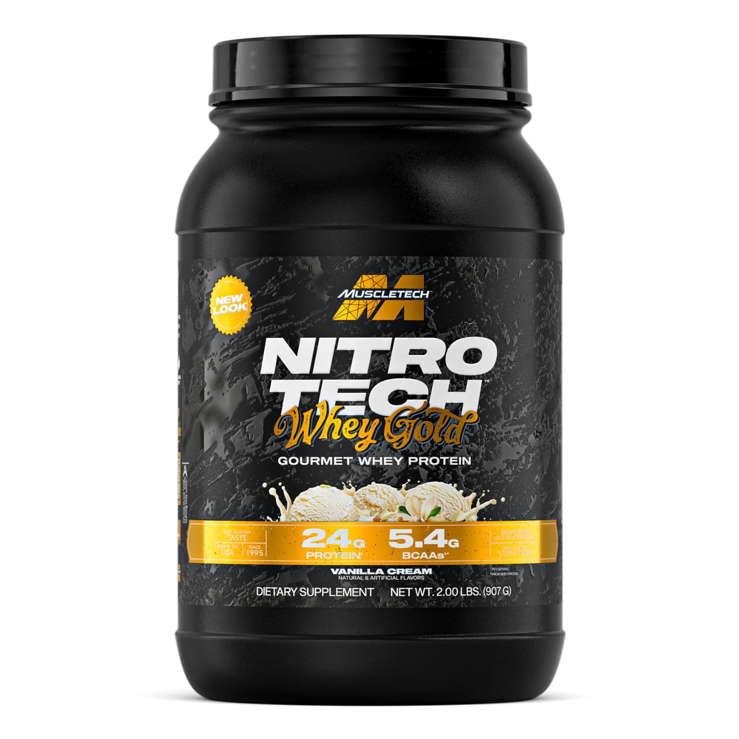 Nitro Tech Whey Gold with Peptides & Isolate Primary Source Support Recovery Gluten Free - 24gm Protein, 5.4gm BCAAs & 4gm Glutamine & Precursor, French Vanilla Cream, 2.00 lbs