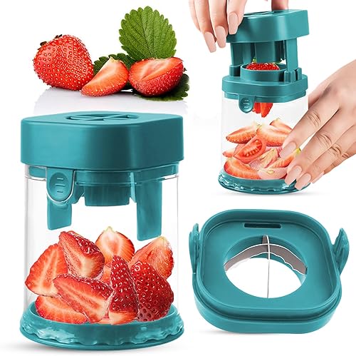 Cortador de frutas pequeño, cortador creativo de fresas y uvas, para hacer rápidamente ensalada de frutas y verduras (verde azulado oscuro)