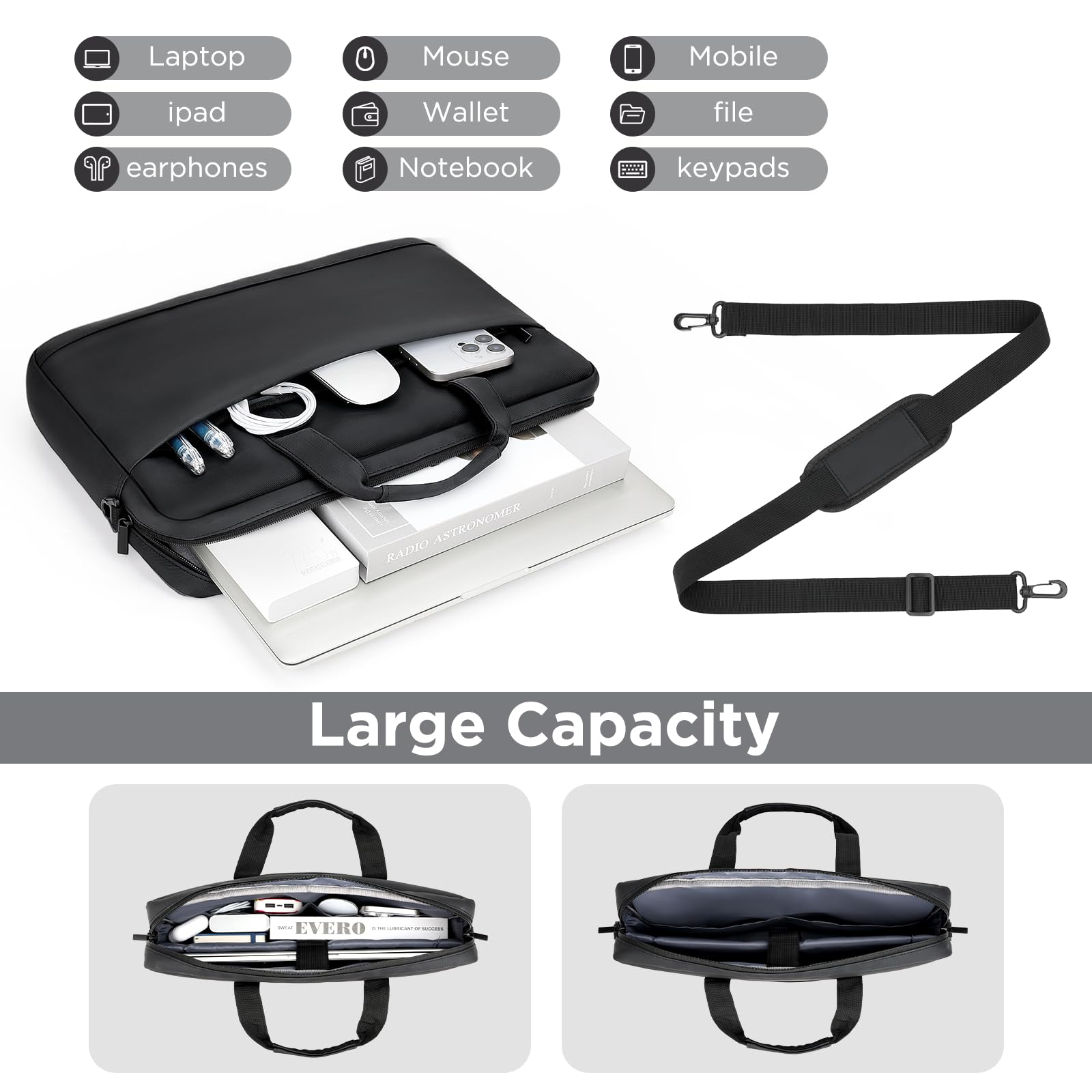 MiacYoung Bandolera Ligera para Portátil 15,6 16 Pulgadas con Compartimentos Organizadores Compatible con ‌16 Pulgadas MacBook Pro M1 M2 M3 M4 M5,Acer ASUS HP Surface Dell Chromebook, Negro