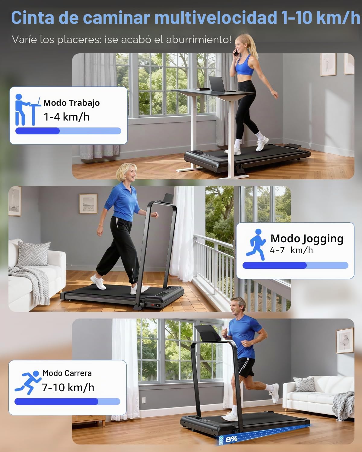 HomeFitnessCode Cinta de correr plegable con pendiente, 3HP Cinta de correr eléctrica para el hogar, 1-10km/h, 3-IN-1 Cintas de correr de escritorio con control remoto y pantalla LED, capacidad de 130