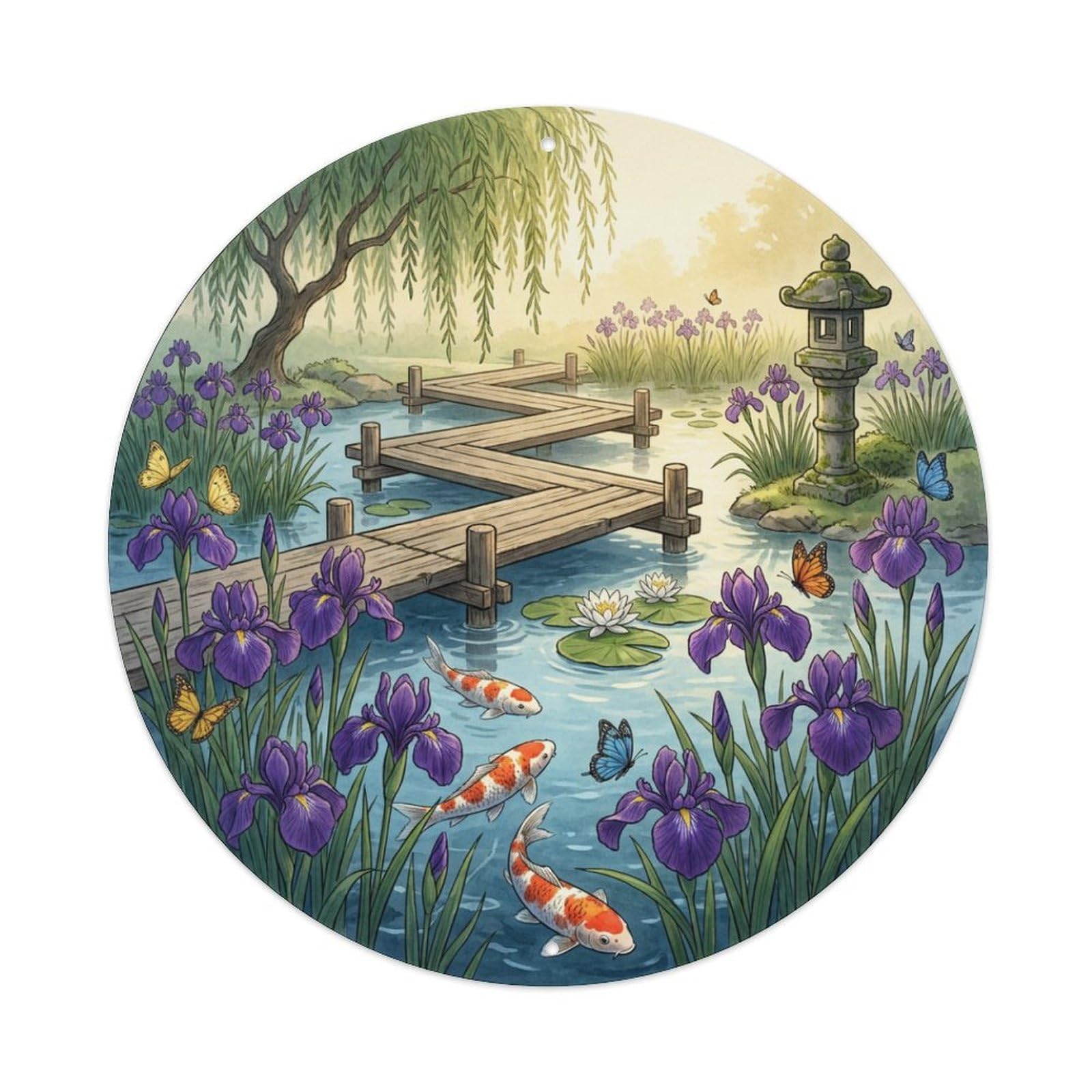 Galvaxio Style Japanese Koi Fish Iris Flowers Purple Garden Metal Tin Sign
