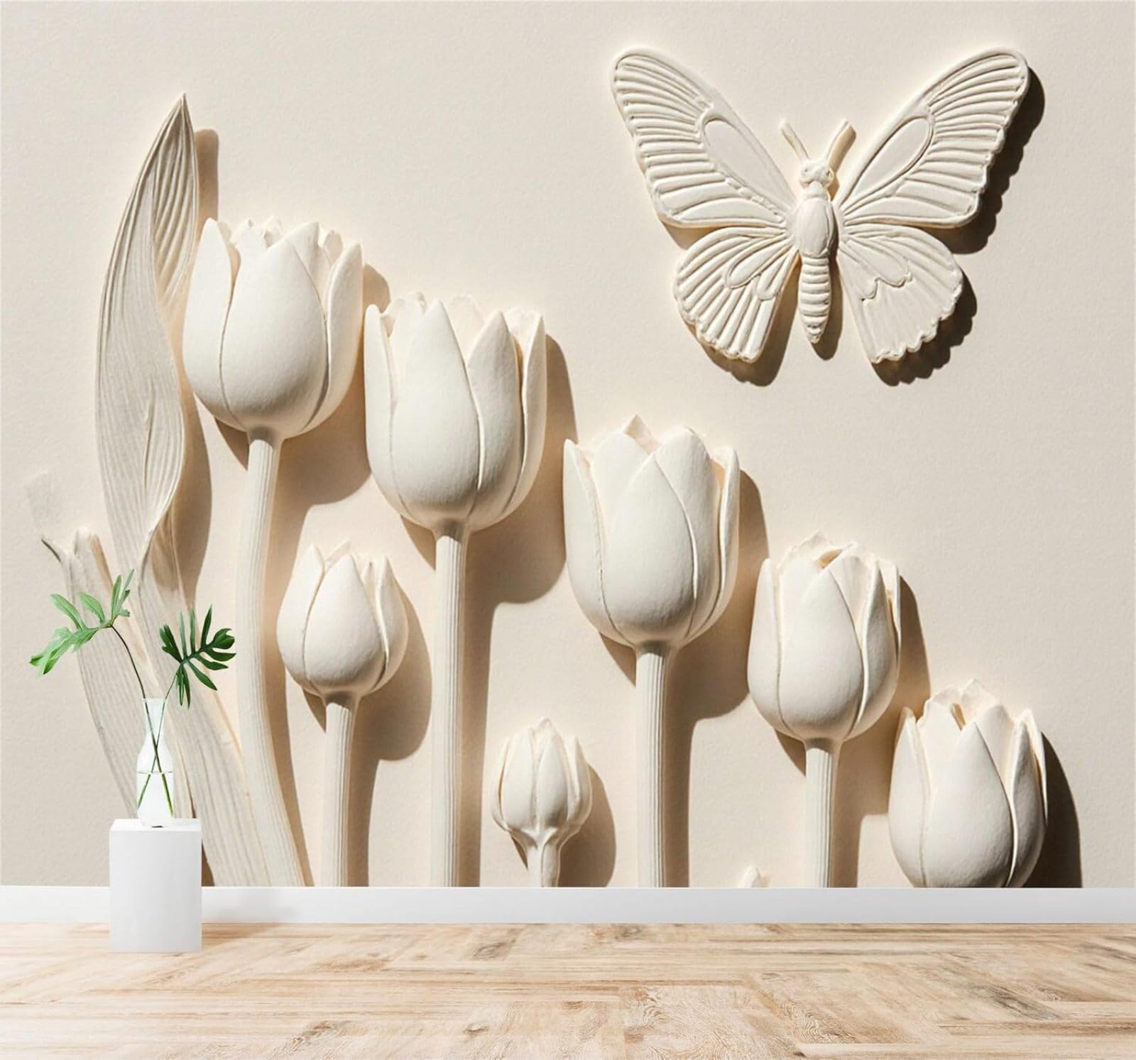 XLMING Relief White Tulip Butterfly Artistic Style 3D Wallpaper Silky Texture Home Study Office Grey Dining Room Sofa Bedroom Living Room TV Backdrop-200cm×140cm