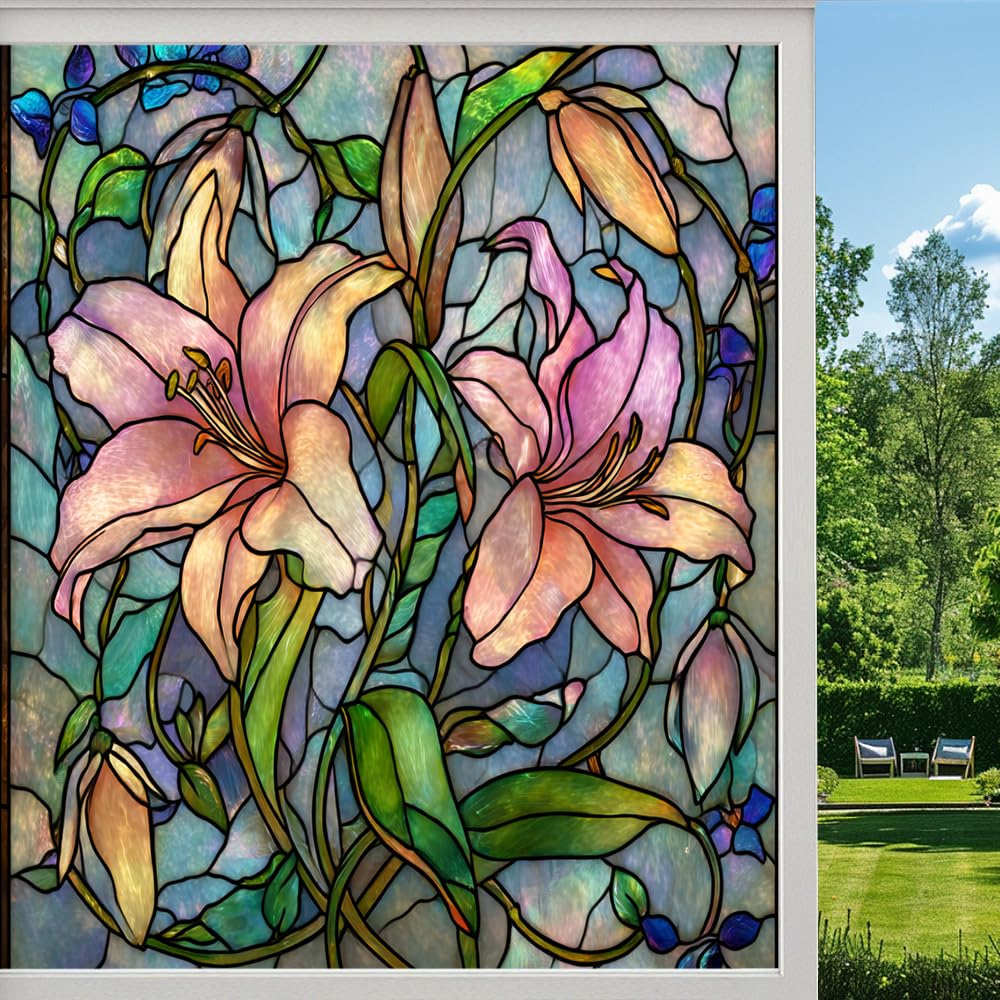 Nature Lily Frosted Window Film, Abstract Floral Spring Botanical Stained Glass Privacy Film, Heat Insulation Self-Adhesive Vinyl for Bathroom Office, （80x120cm）
