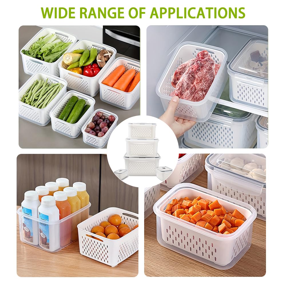 Set di Contenitori per Frigorifero Frutta e Verdura 5 Pezzi Contenitore per Alimenti Freschi con Cesti di Scarico Contenitori Plastica per Alimenti da Frigo per Verdura Frutta Insalata