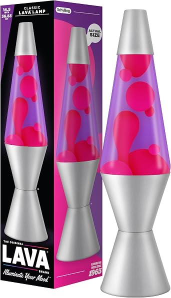 LAVA - Lava lamp 2121, pink wax, purple liquid, silver base and cap, original LAVA brand 14.5 inch motion lamp