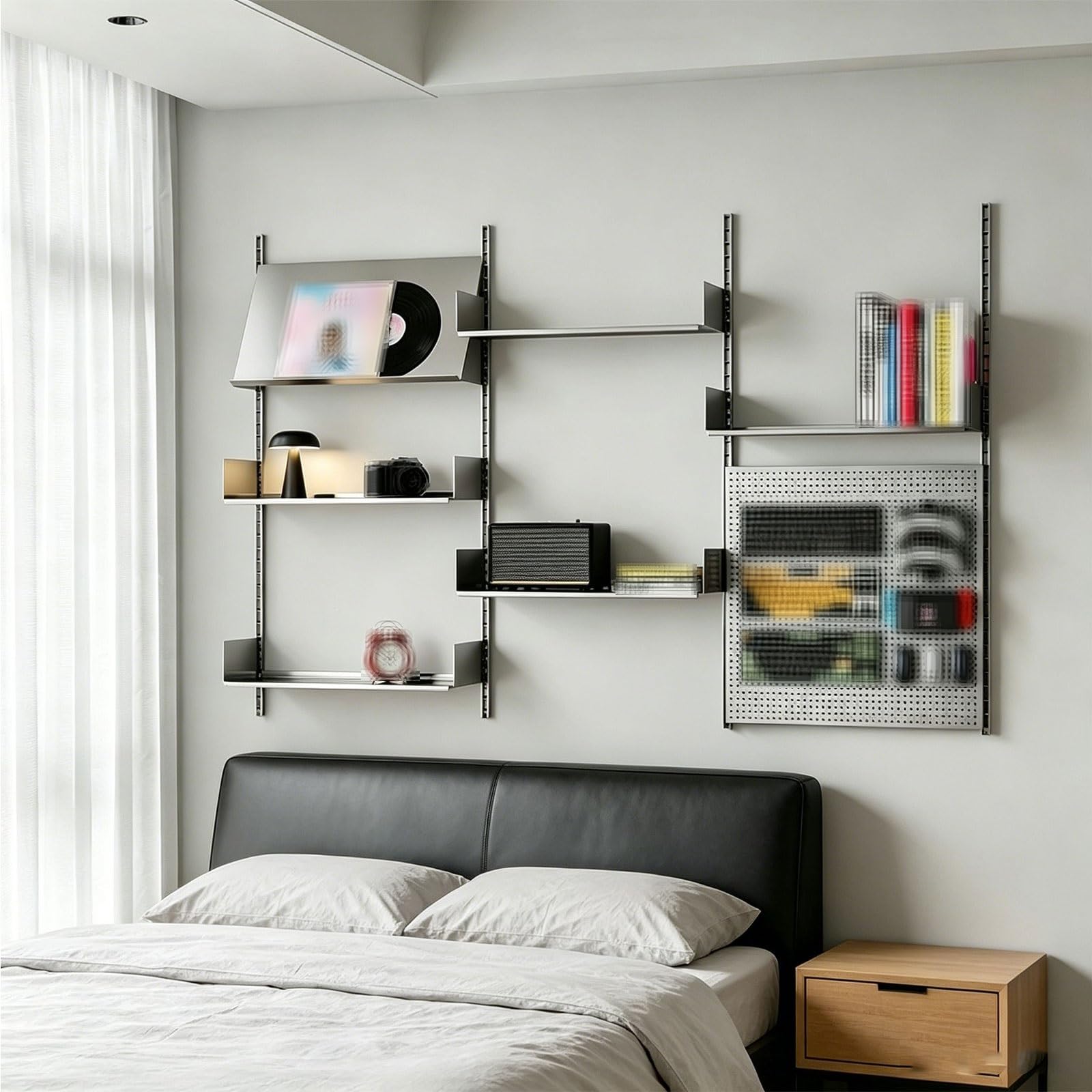 Lochwand Schlafzimmer Metall Edelstahl Pegboard Wandorganizer Höhenverstellbare Regalböden Modulares Wandregal Garage Tragkraft 50Kg für Raumaufbewahrung Organisation und Dekoration