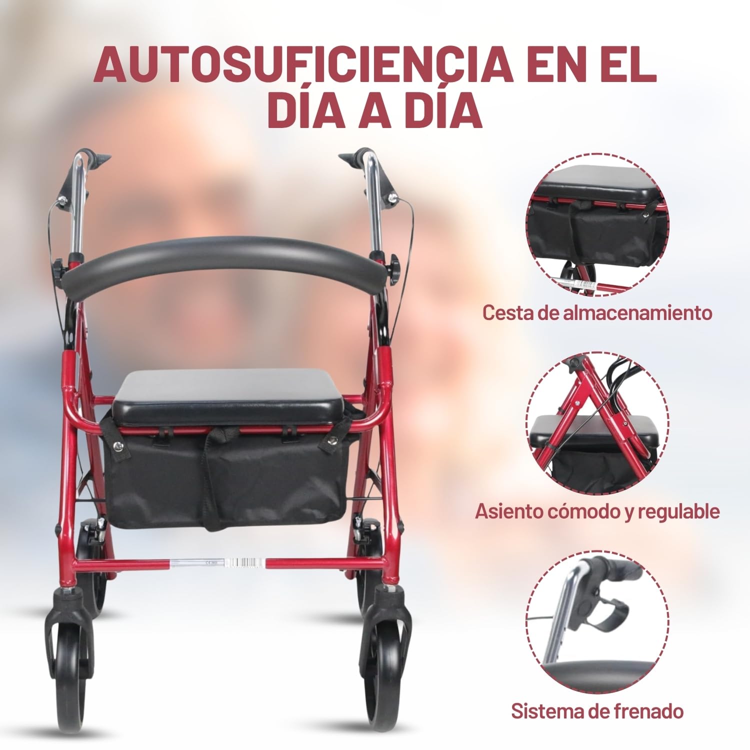 Andador para Ancianos con Asiento, Taca Taca Adultos 4 Ruedas Plegable, Ligero y Regulable, Caminador para Personas Mayores con Cesta, Modelo A01