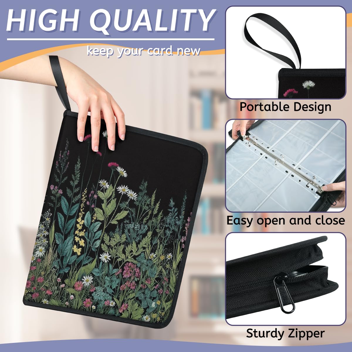 Raccoglitore per carte collezionabili con 9 tasche con fiori primaverili, fiori di campo, raccoglitore per carte con foglie di margherita, con maniche rimovibili, impermeabile, con cerniera, 50 pagine