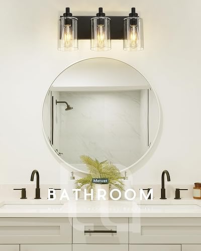 Miniatura 8 de VL143-MB-3 - Lámpara de tocador negra con pantalla cilíndrica de cristal transparente, accesorios de iluminación modernos sobre espejo, 3 luces para