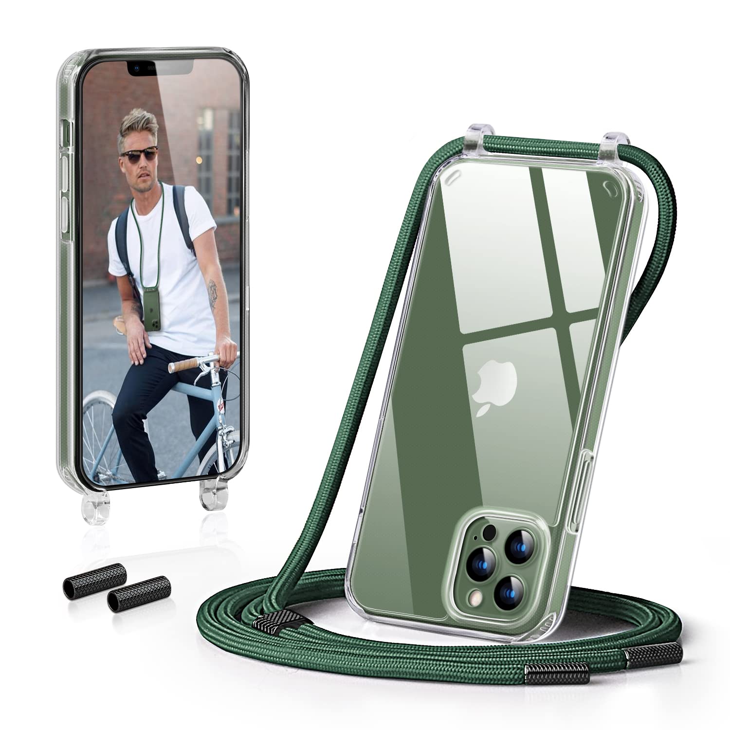 GOODVISH Cover Trasparente con Cordino per iPhone 13 PRO Max 6.7'',Custodia con Regolabile Collana per iPhone 13 Pro Max, [Antiurto] [AntiGraffio] [Antiscivolo] Case con Laccio Tracolla, Verde Scuro