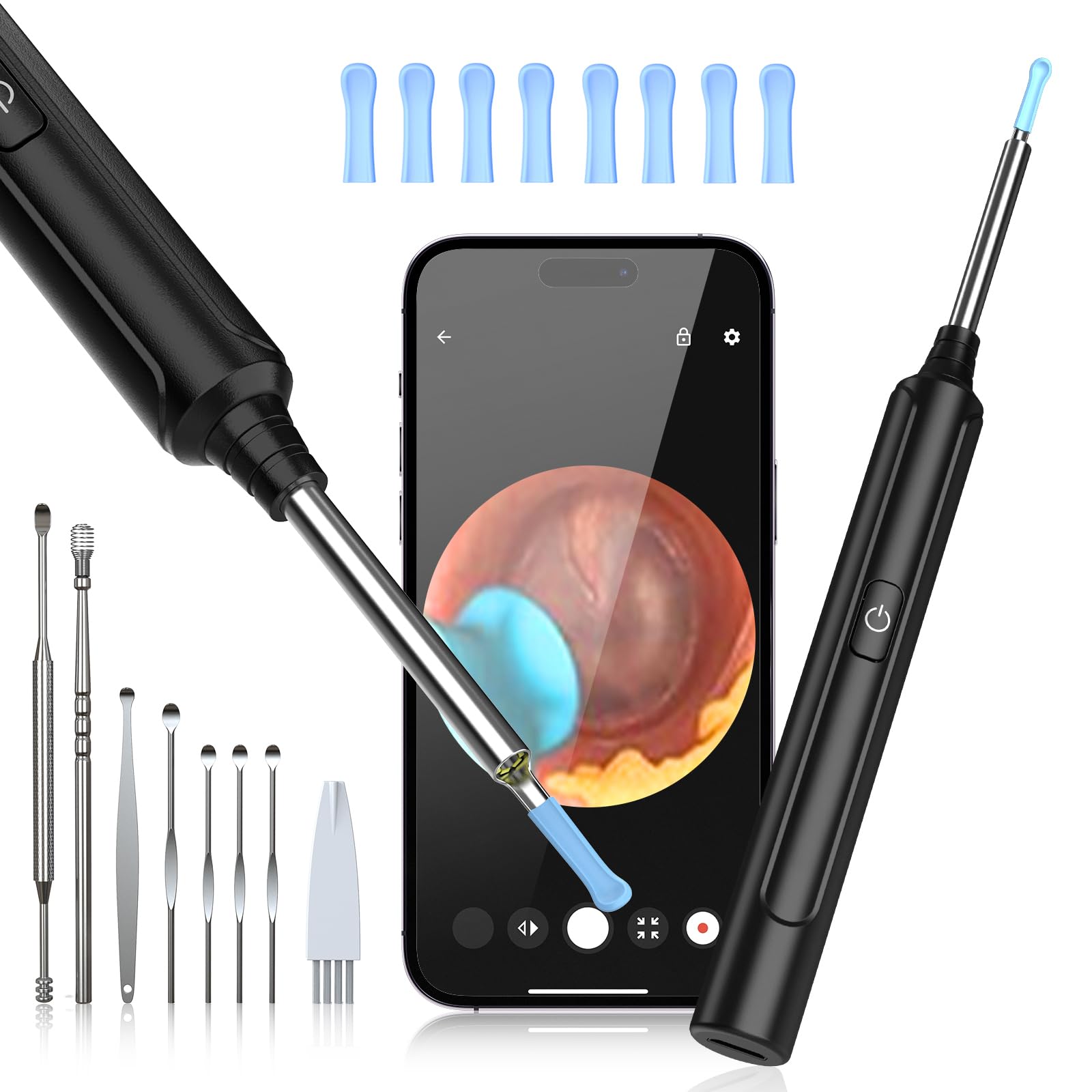 Pulizia Orecchie Otoscopio, Pulitore Orecchie HD da 5 MP, Pulisci Orecchie Impermeabile IP67, Pulire Orecchie da 3,9 mm e 6 LED per iPhone, iPad e smartphone Android, Nero