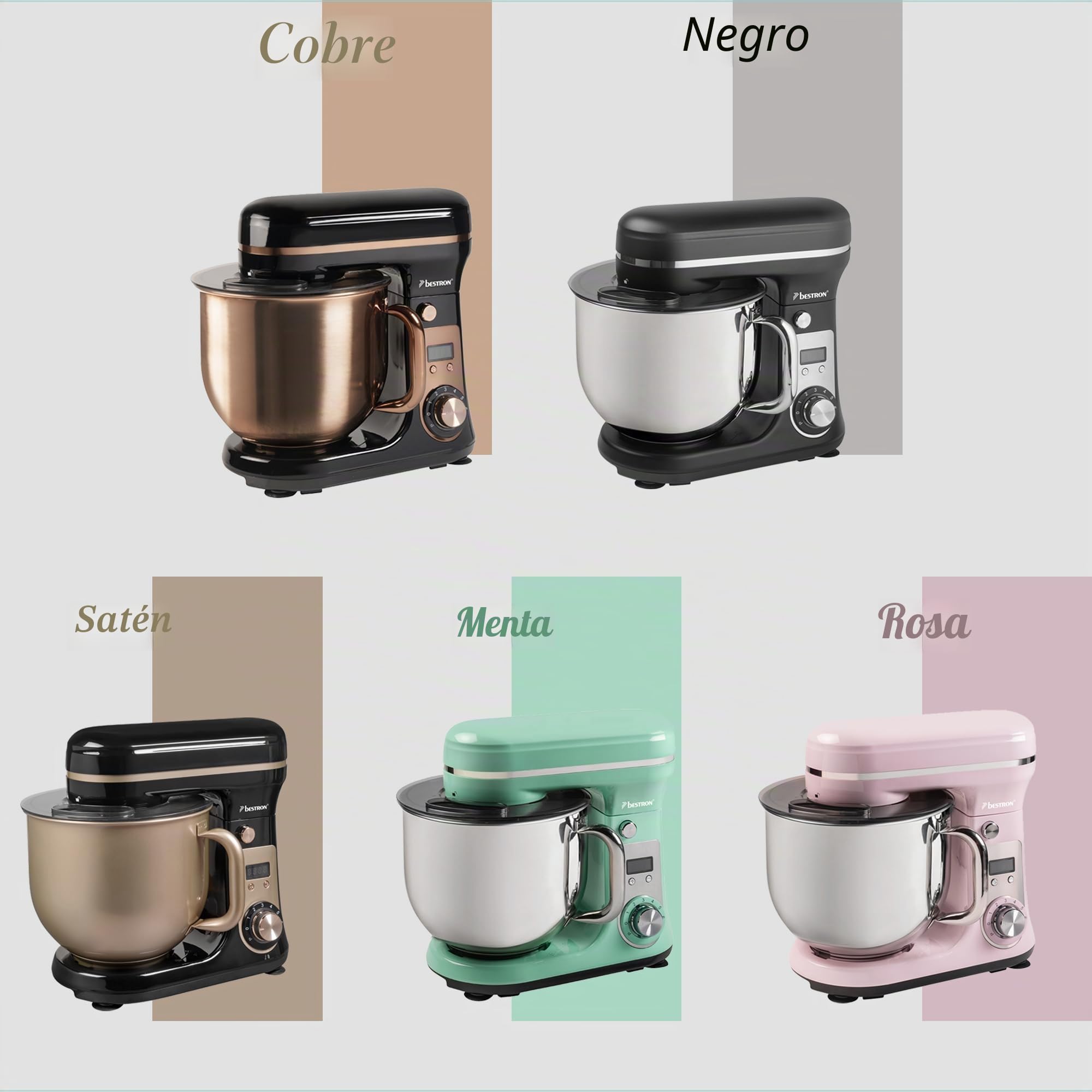 Bestron - Robot pastelero (65 dB), robot de cocina 4 en 1, cuenco de 6 litros, incluido gancho amasador, batidor y batidor plano, 6 velocidades + función Pulse, Cobre