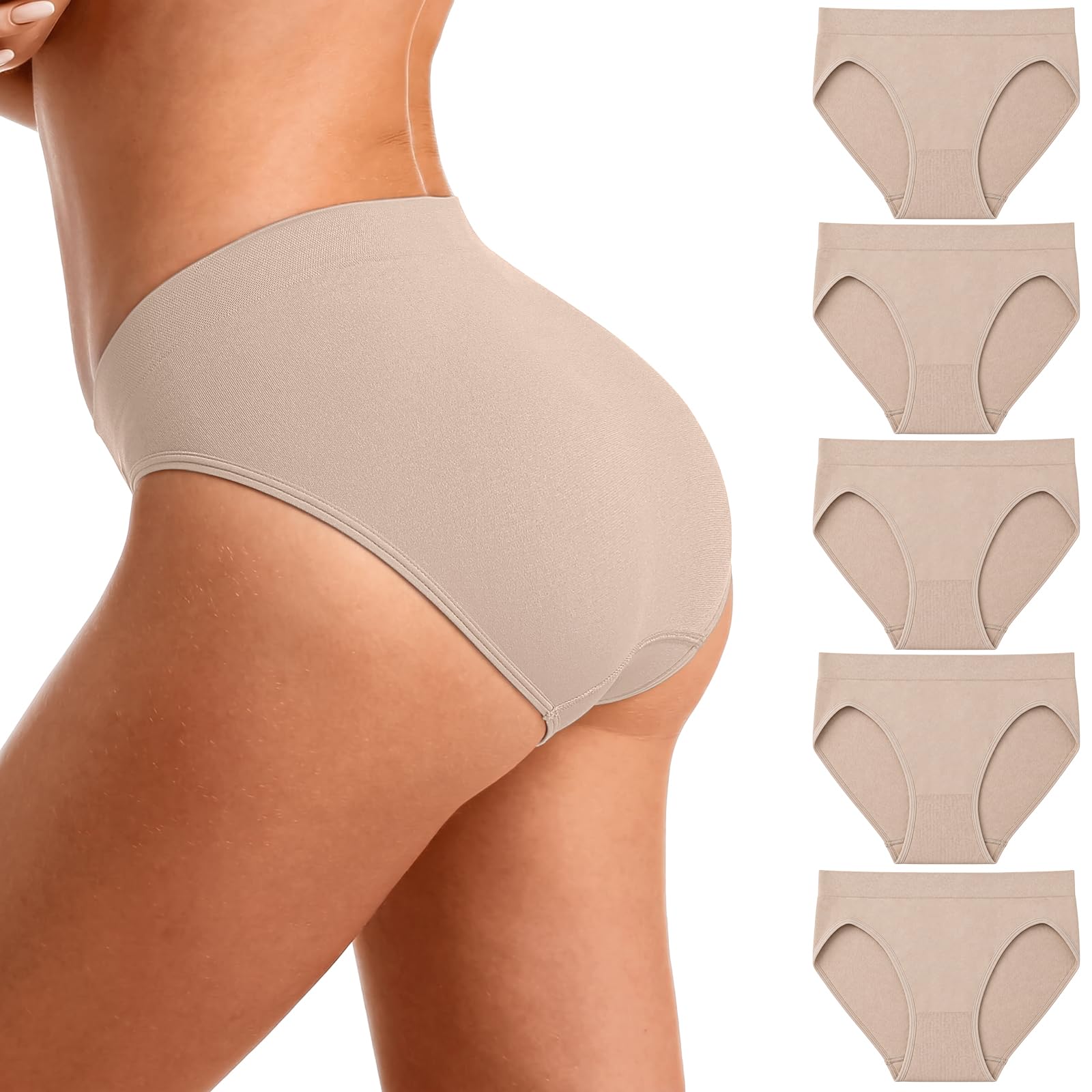 Women's Hi Cut Mid Rise Underwear Briefs, Nylon Spandex 5-Pack | 92% nylon 8% spandex, full coverage, soft stretch, smooth leg openings, tagless feel, work lounge travel