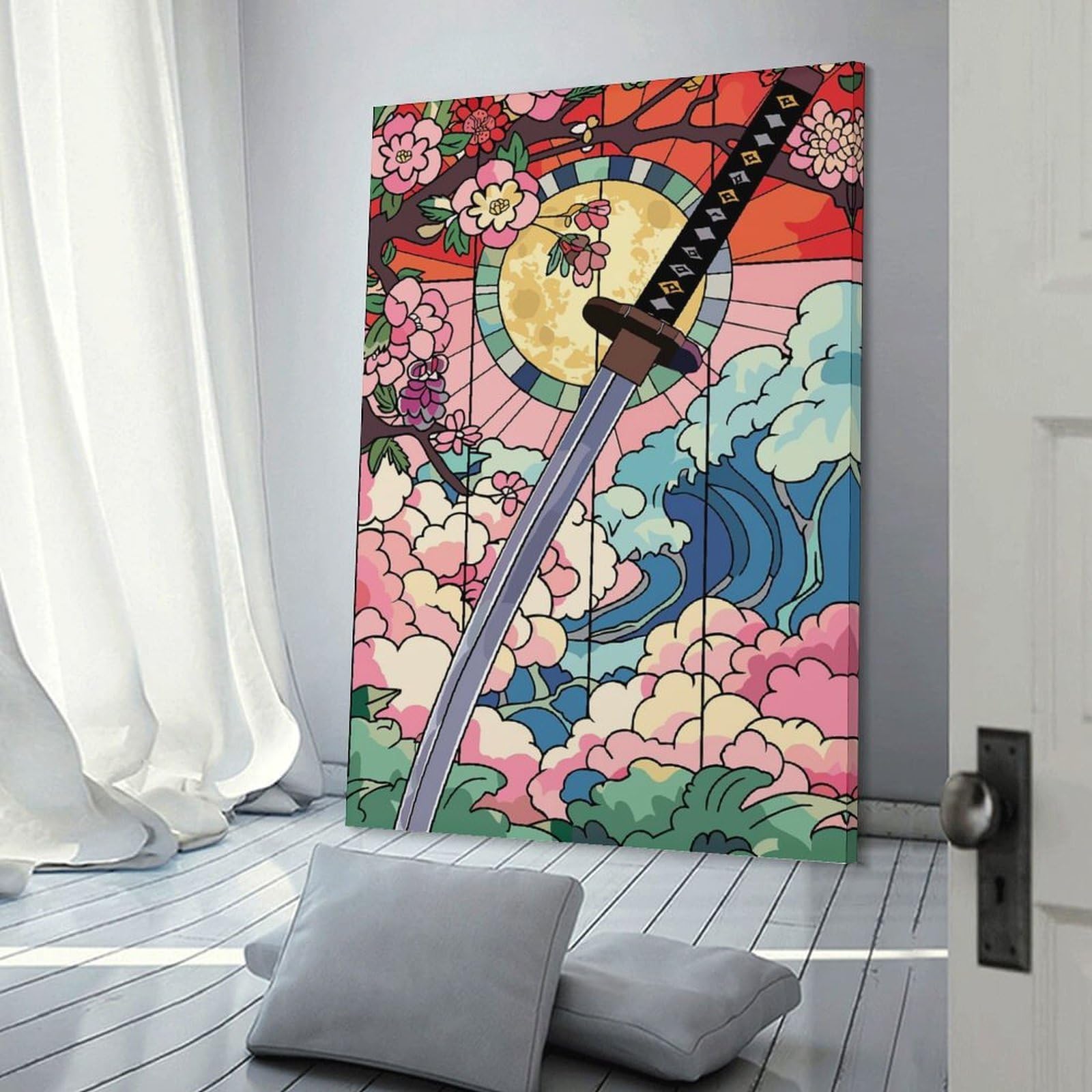 Junmoney Samurai Sword with Cherry Blossoms And Waves Canvas Wall Decor, 20x30inch(50x75cm), for Apartment Walls, Studios Or Work Areas, Decorative Canvas Decor for Home Updates