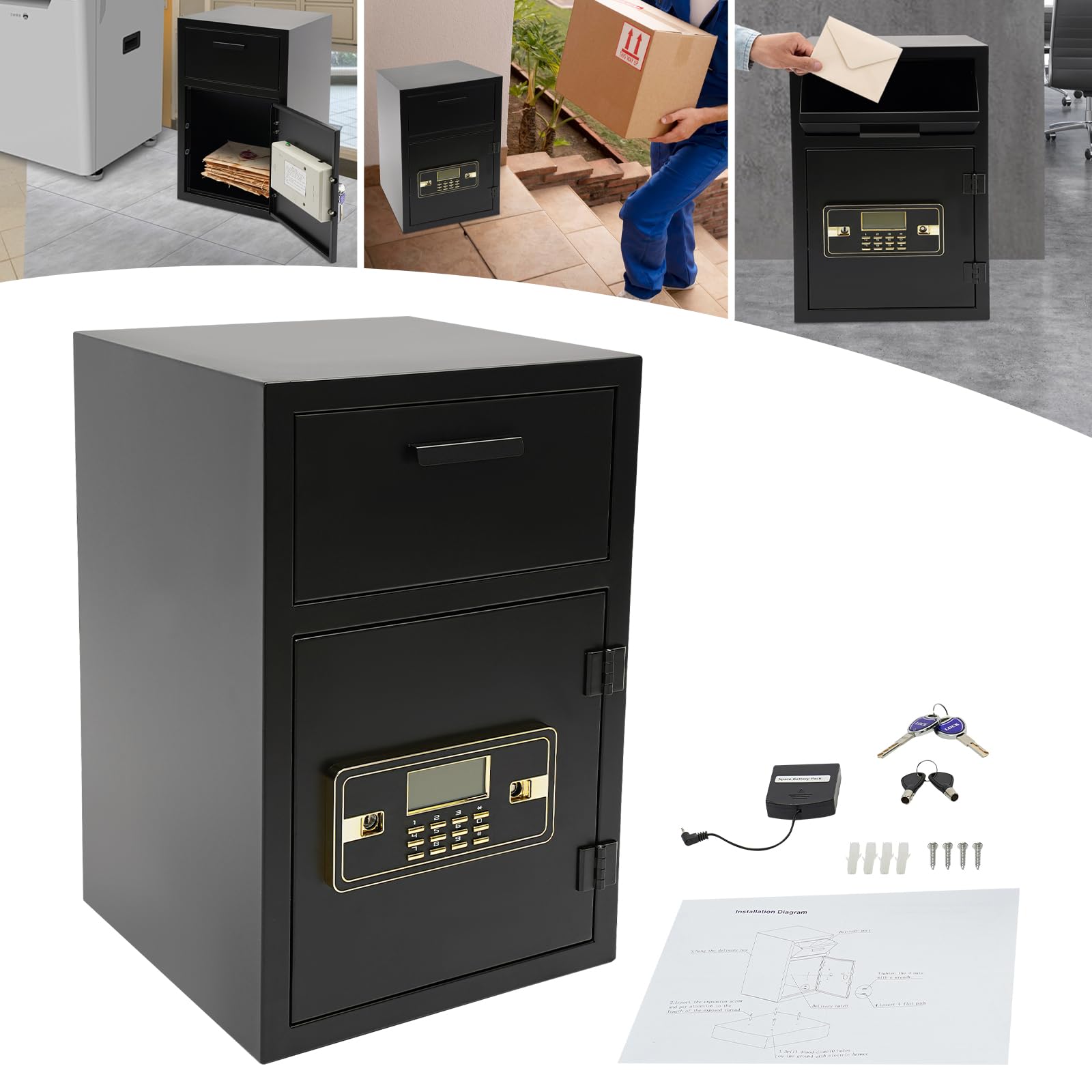 Cassaforte con fessura a 90°, cassaforte elettronica di sicurezza MöBeltresor, cassaforte con serratura a combinazione, 4 chiavi