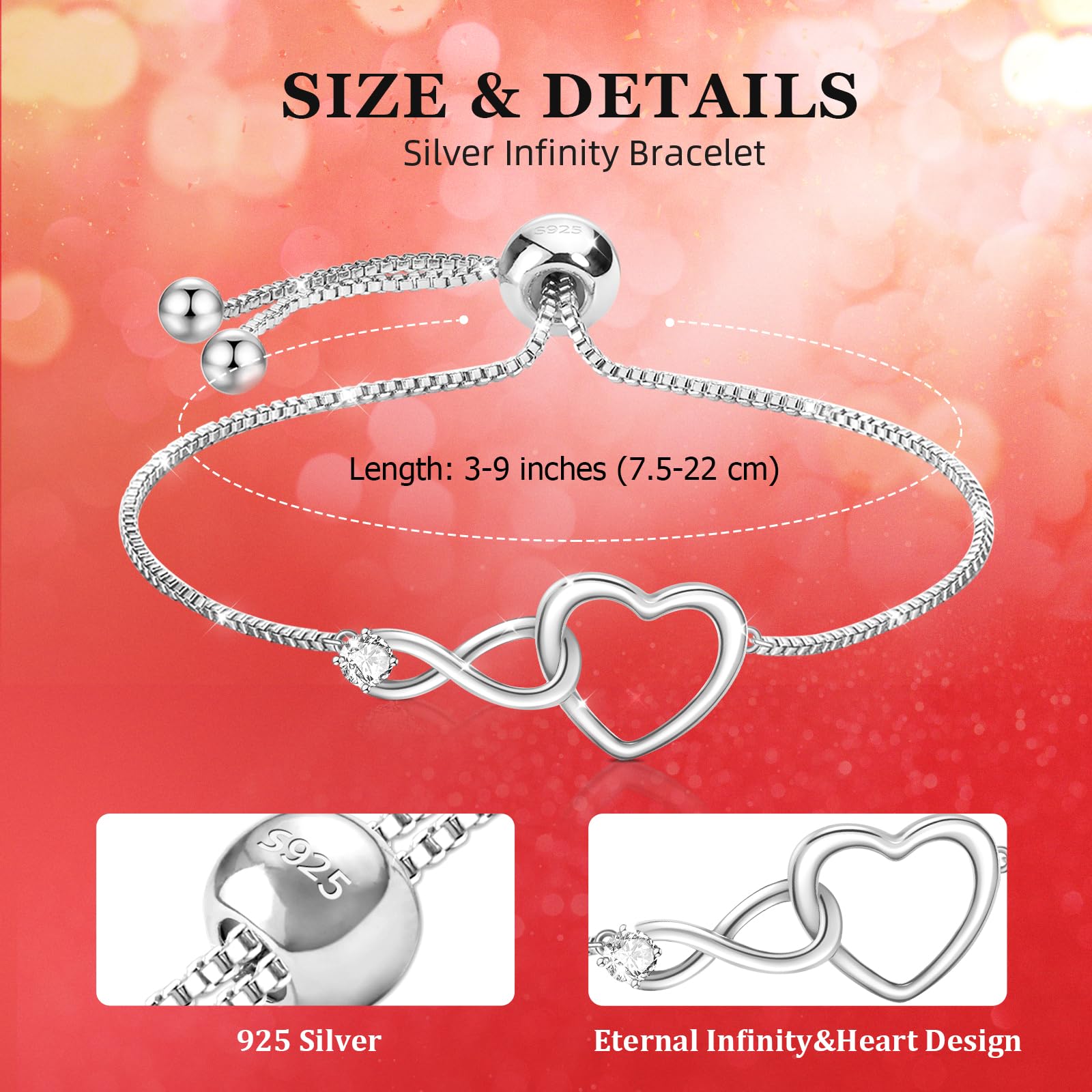 J.Fée Regalo Donna Regalo per Lei, Bracciale Donna Argento 925 con Infinito Cuore Bracciale Argento Regolabile Bracciali Argento Bracciali Donna Regalo per Mamma Amica Ragazza Donna