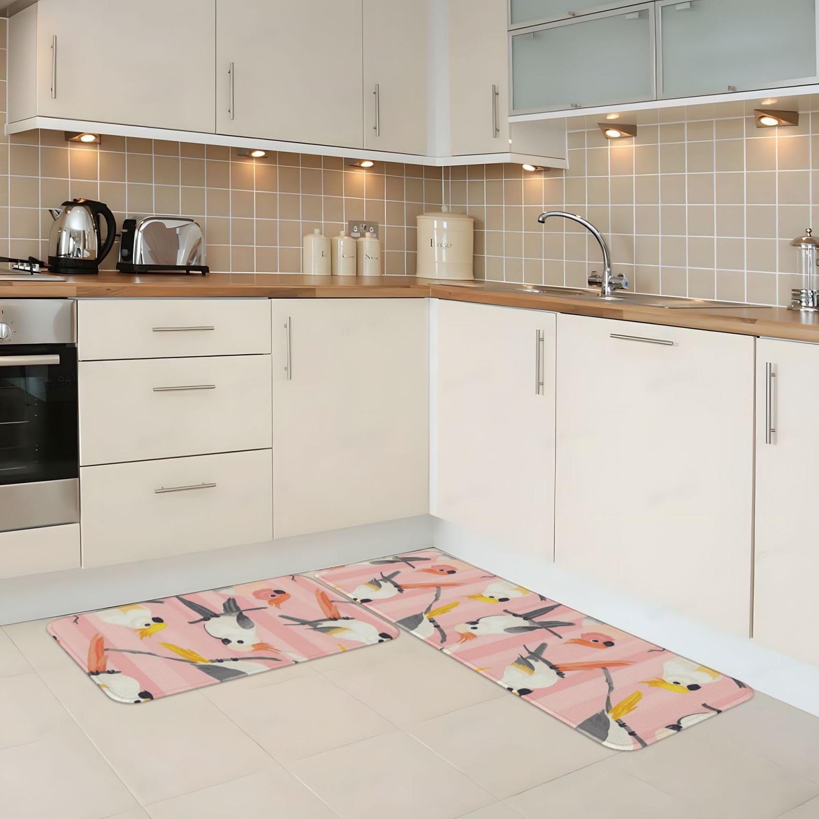GVYGVY Antifatigue Kitchen Mats for Floor 2 Piece - Cool Parrot Yellow Pink Print Kitchen Rugs Washable, Non Slip Runner Rug Standing Mat for Office/Bathroom/Laundry/Home Decor and Accessories