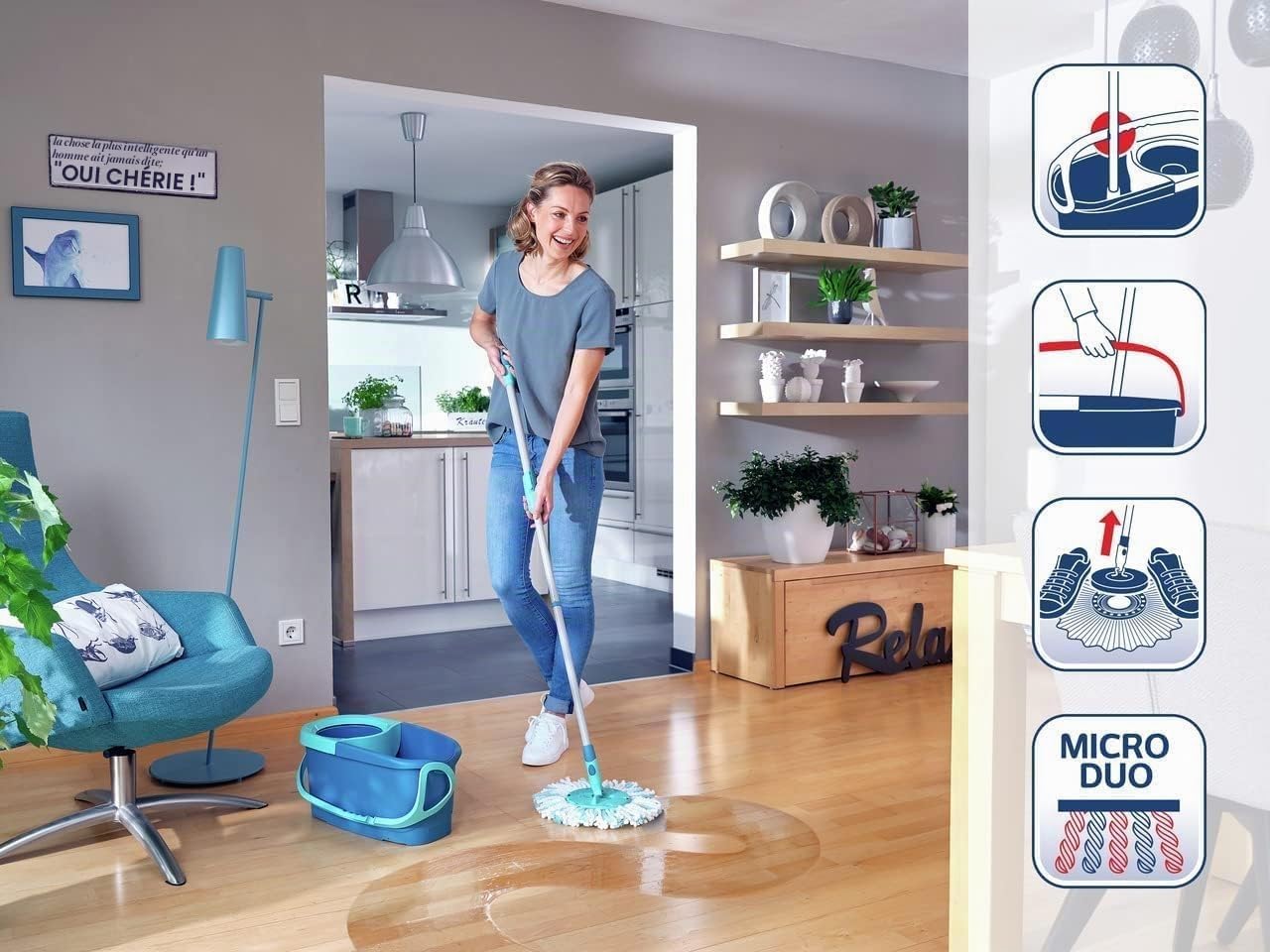 Leifheit Clean Twist Disc Mop Ergo Kit complet balai, serpillière et seau essoreur, ensemble balai serpillère en microfibre avec manche télescopique, essorage sans effort